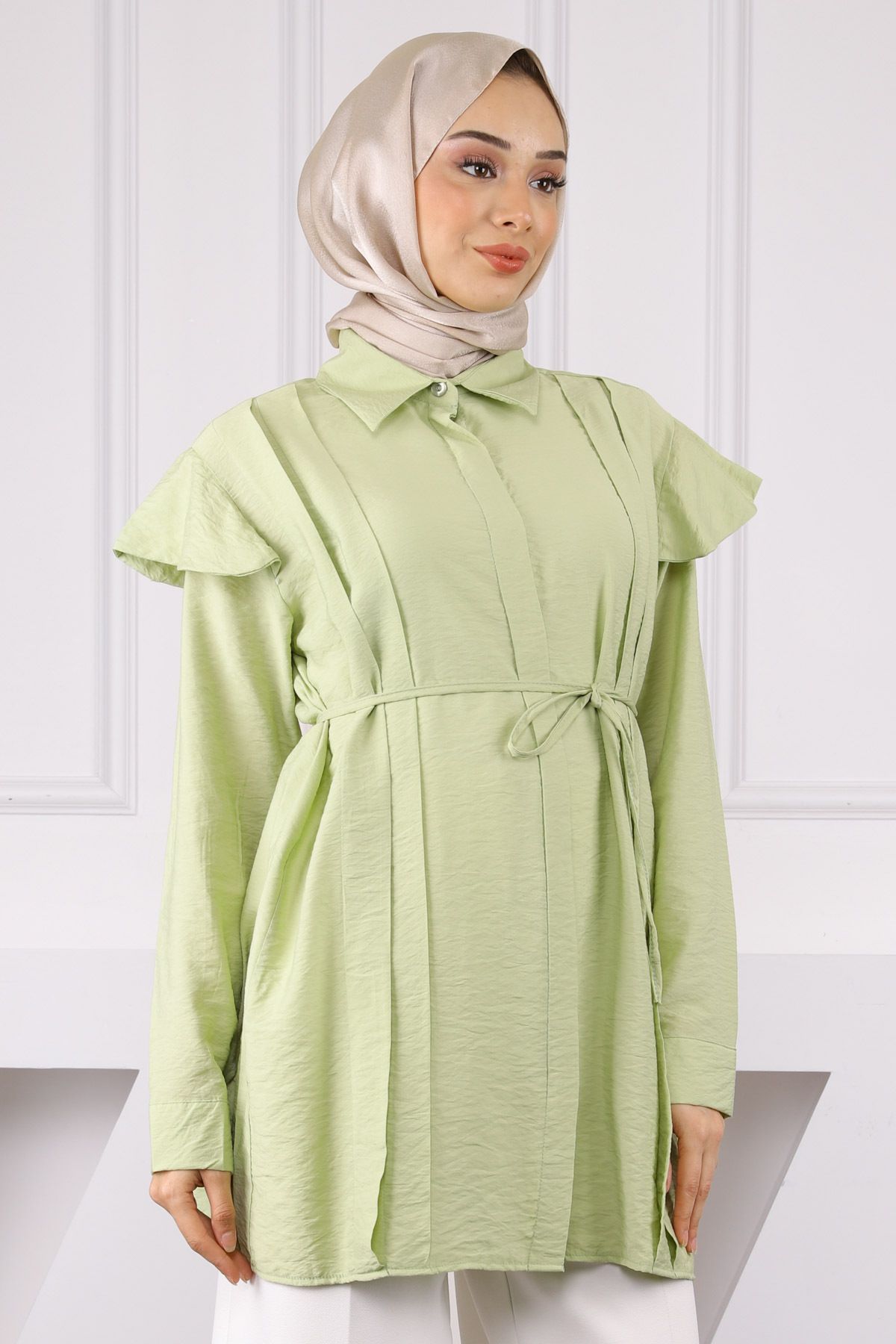 İmajButik Mint Yeşili Omuz Detaylı Bel Bağlamalı Tunik