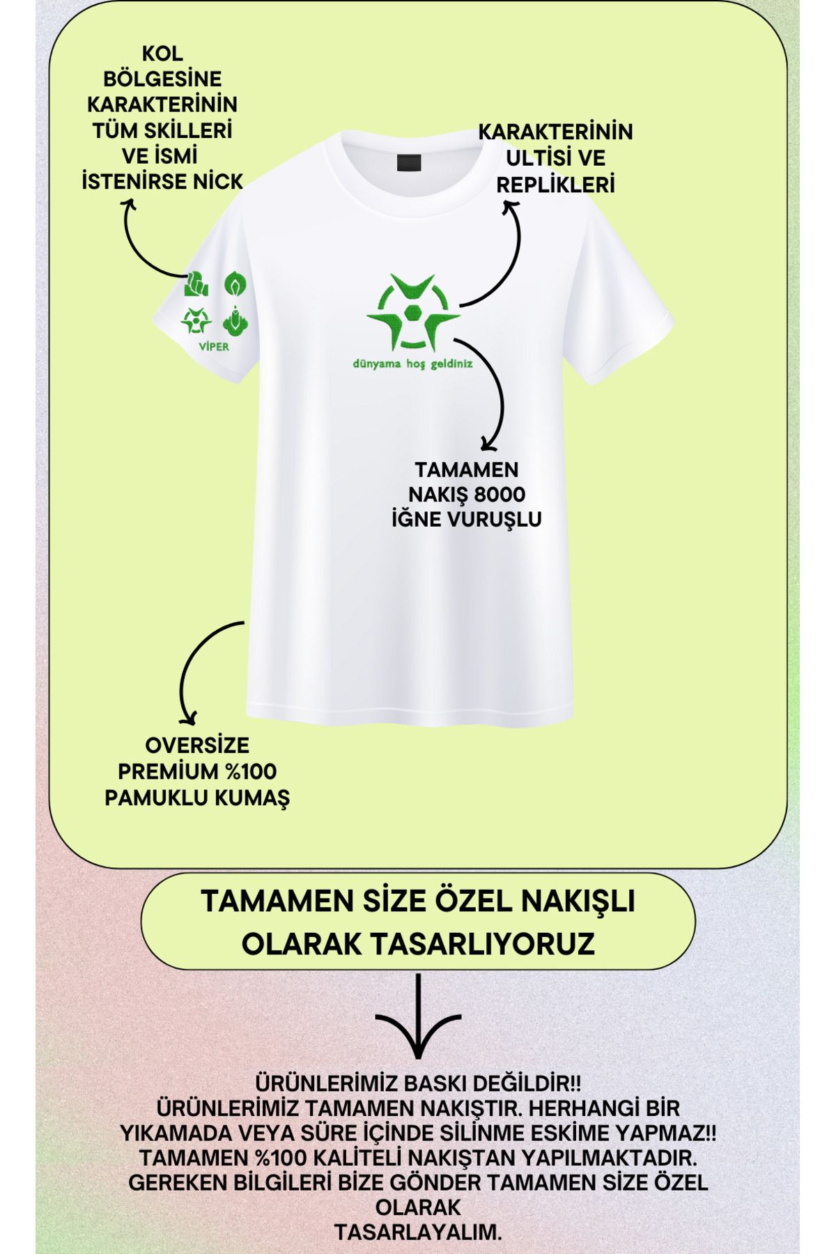 yeswhite Valorant VİPER Nakış Tişört – Kişiye Özel Türkçe Replikli Gamer Tasarım