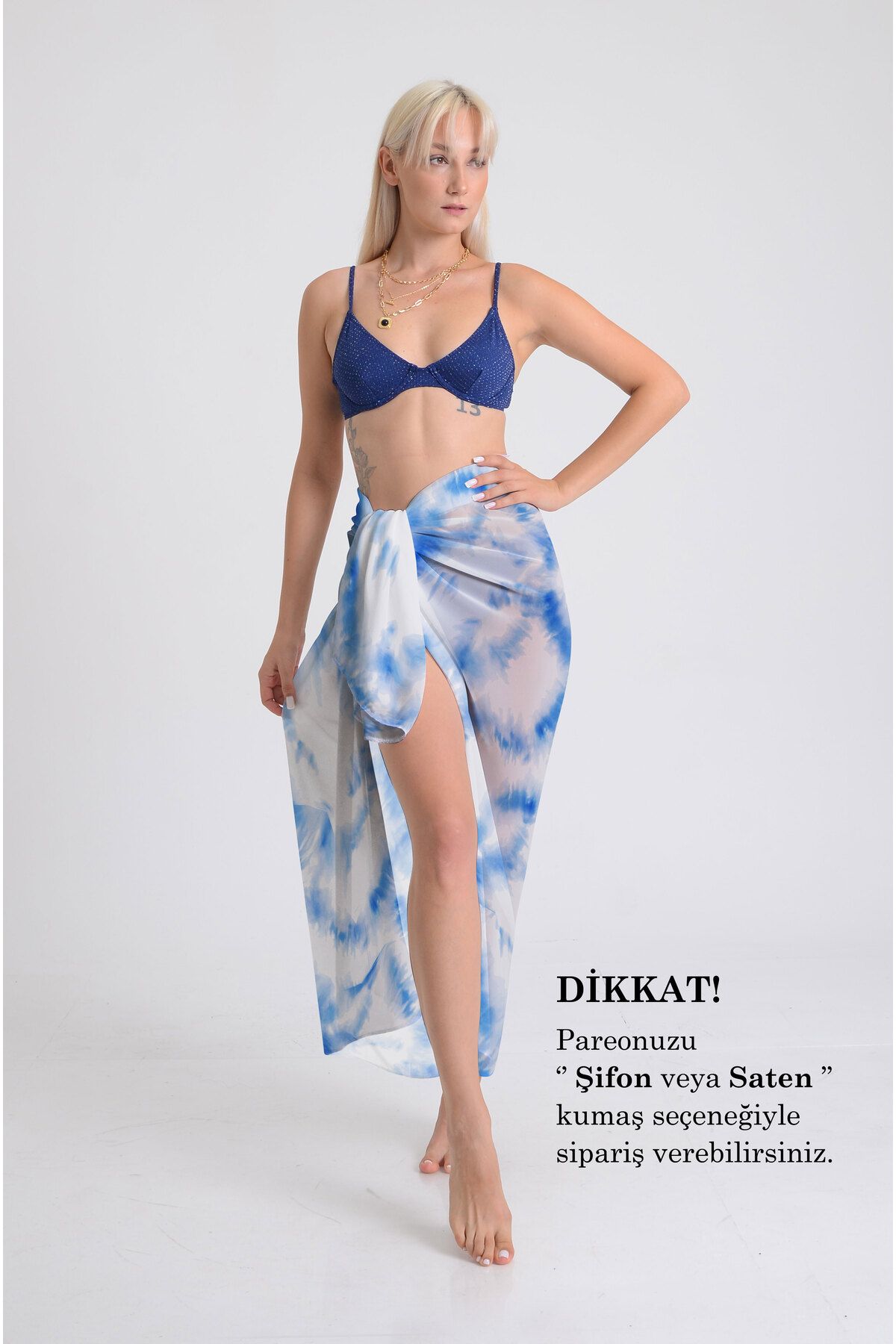 DESENİX Açık Mavi Batik Desenli Pareo - 100x145 cm - İpeksi Şifon & Lüks Saten Kumaş Seçeneği- Plaj Elbisesi