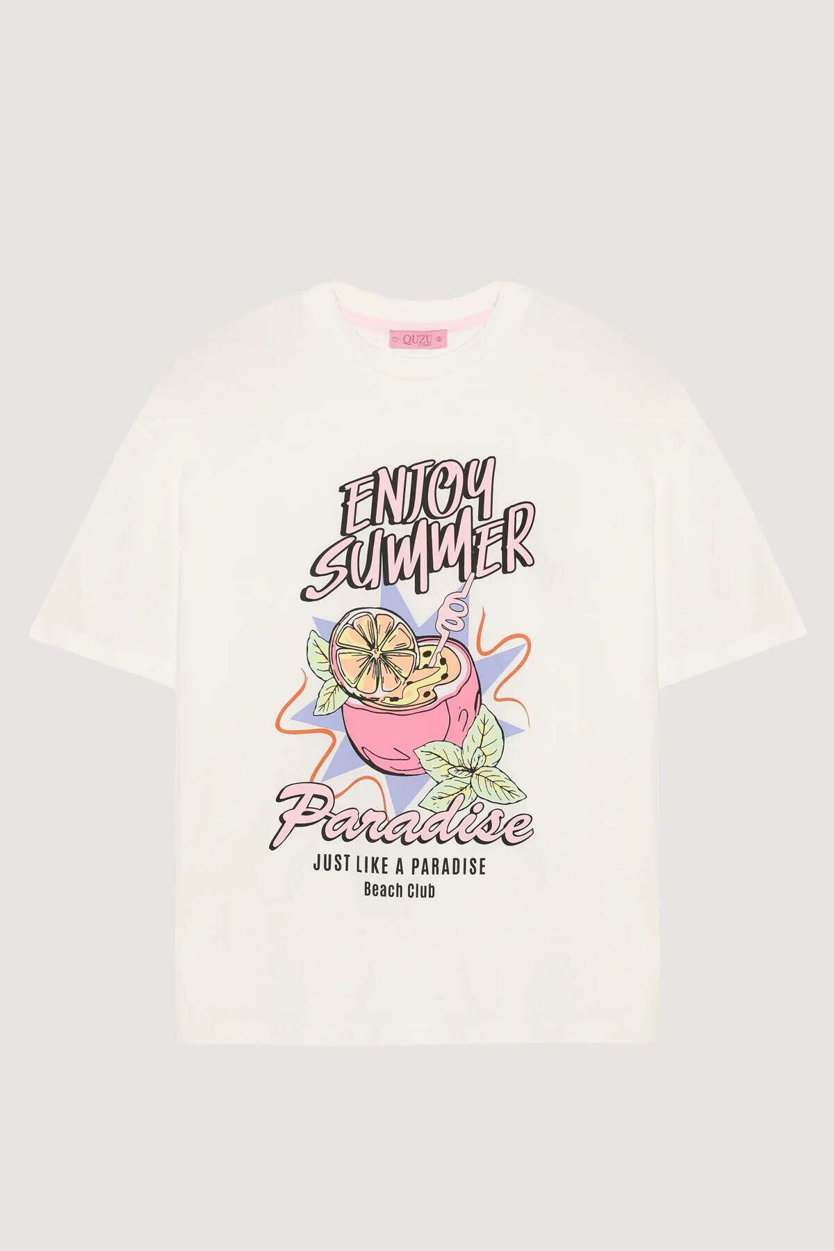 Quzu Renkli Kokteyl Baskılı Ekru Kadın T-Shirt TSH00498