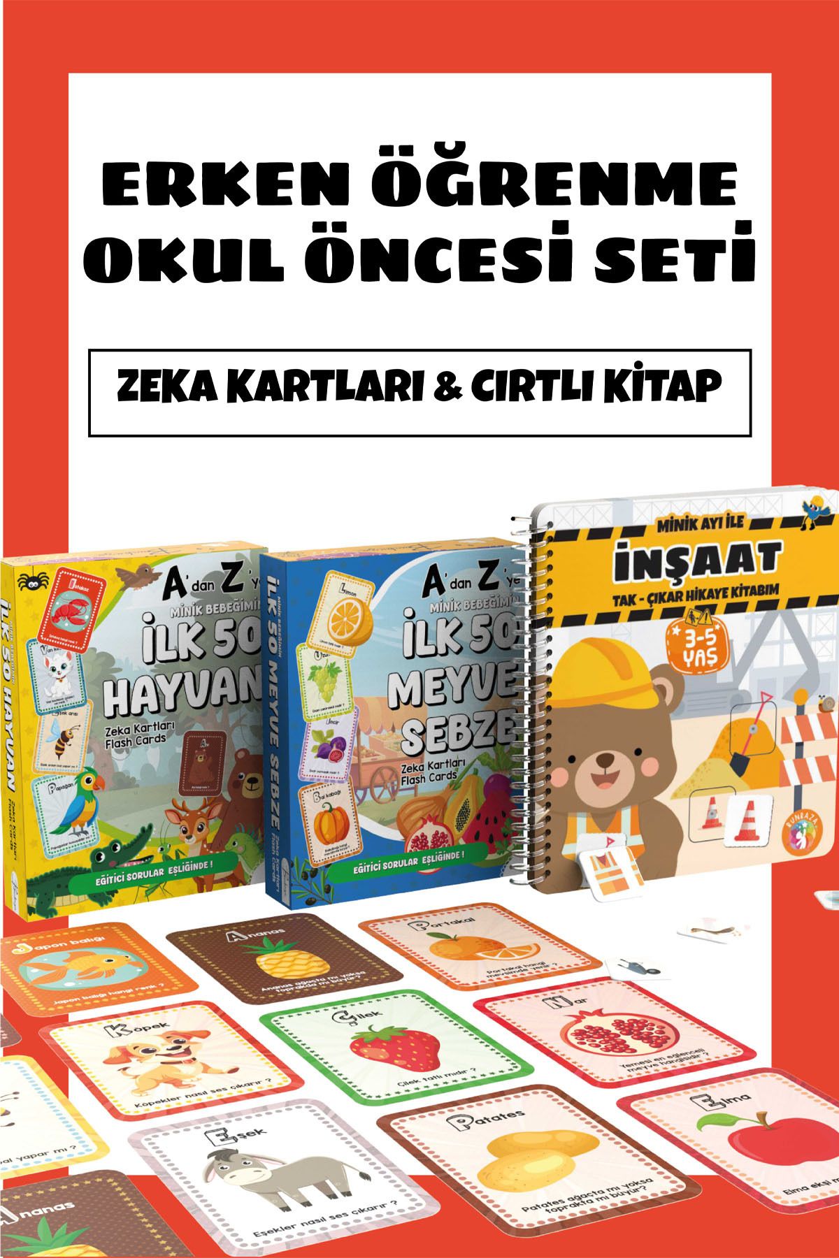 Bunbaza Okul Öncesi Erken Öğrenme Eğitici Set, Cırtlı Kitap ve İlk Zeka Kartlarım Set 1