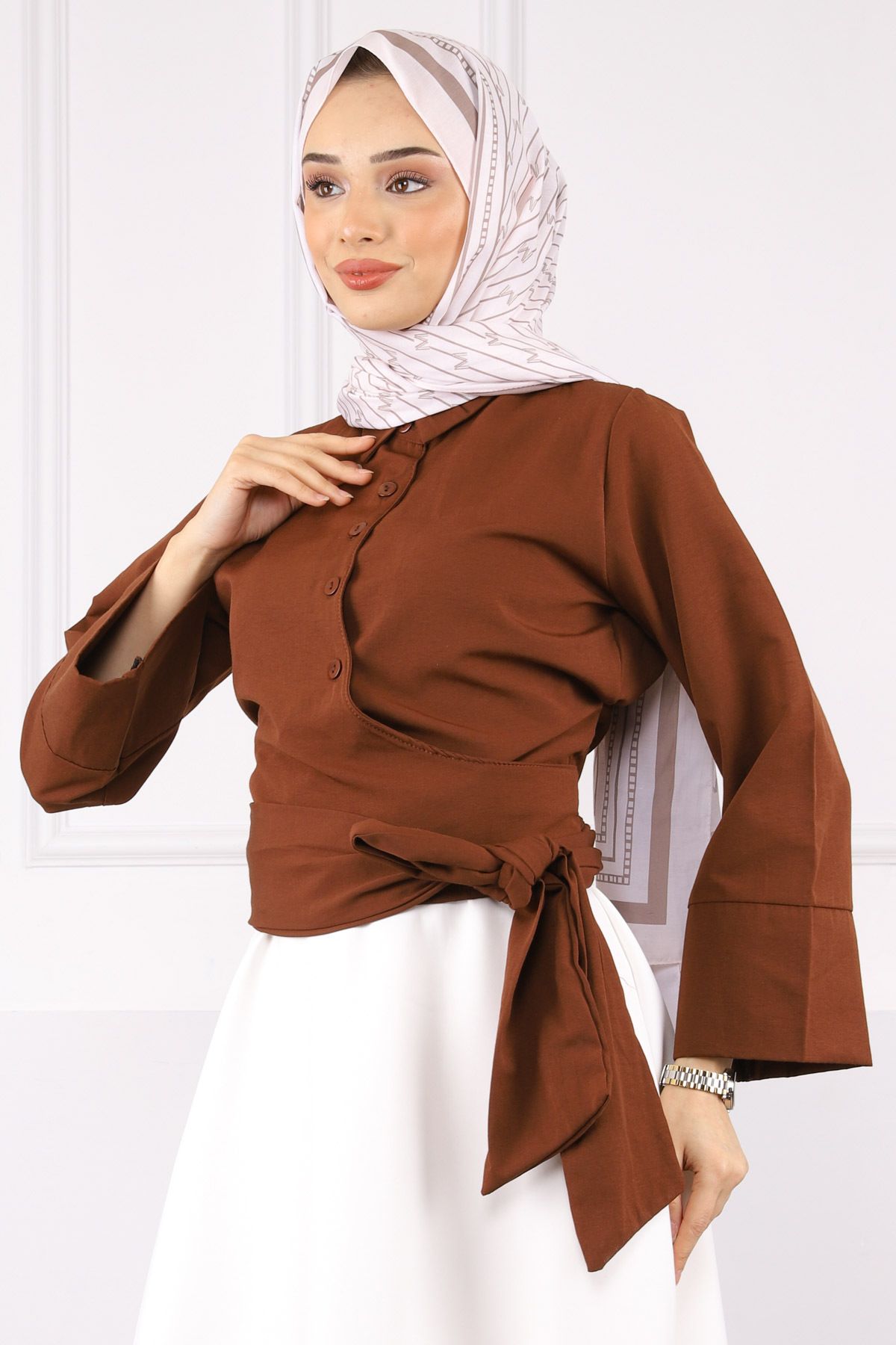 İmajButik Kahve Bel Bağlamalı Gömlek