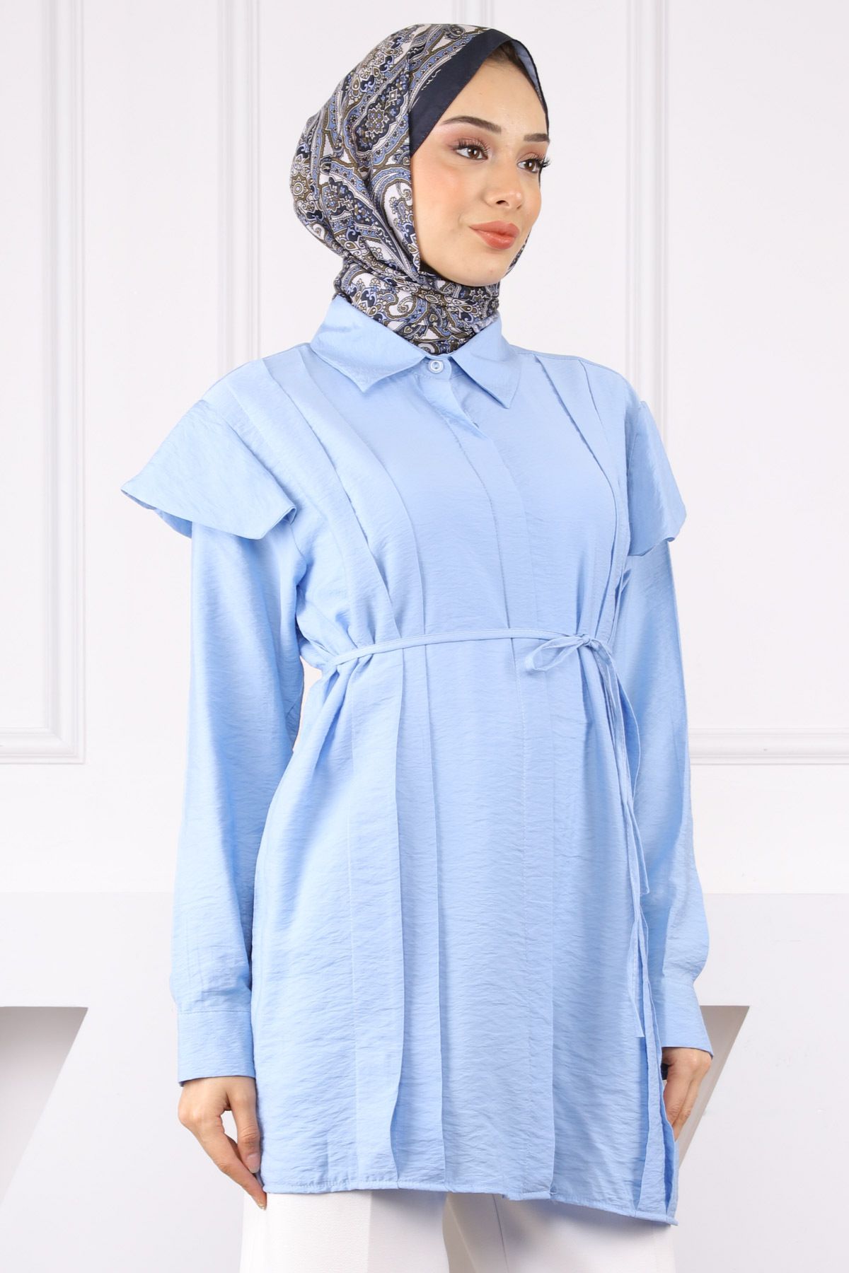 İmajButik Mavi Omuz Detaylı Bel Bağlamalı Tunik