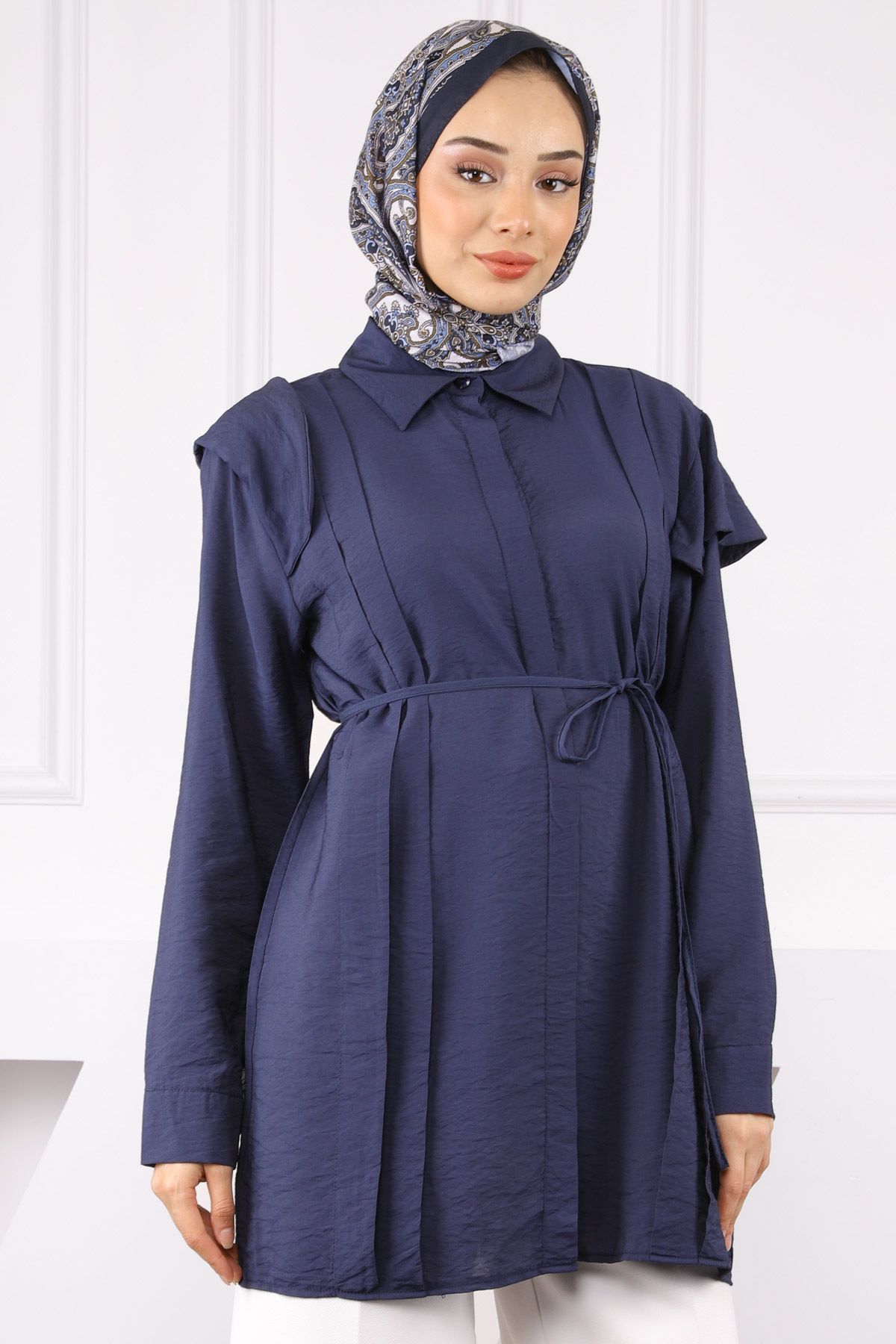 İmajButik Lacivert Omuz Detaylı Bel Bağlamalı Tunik