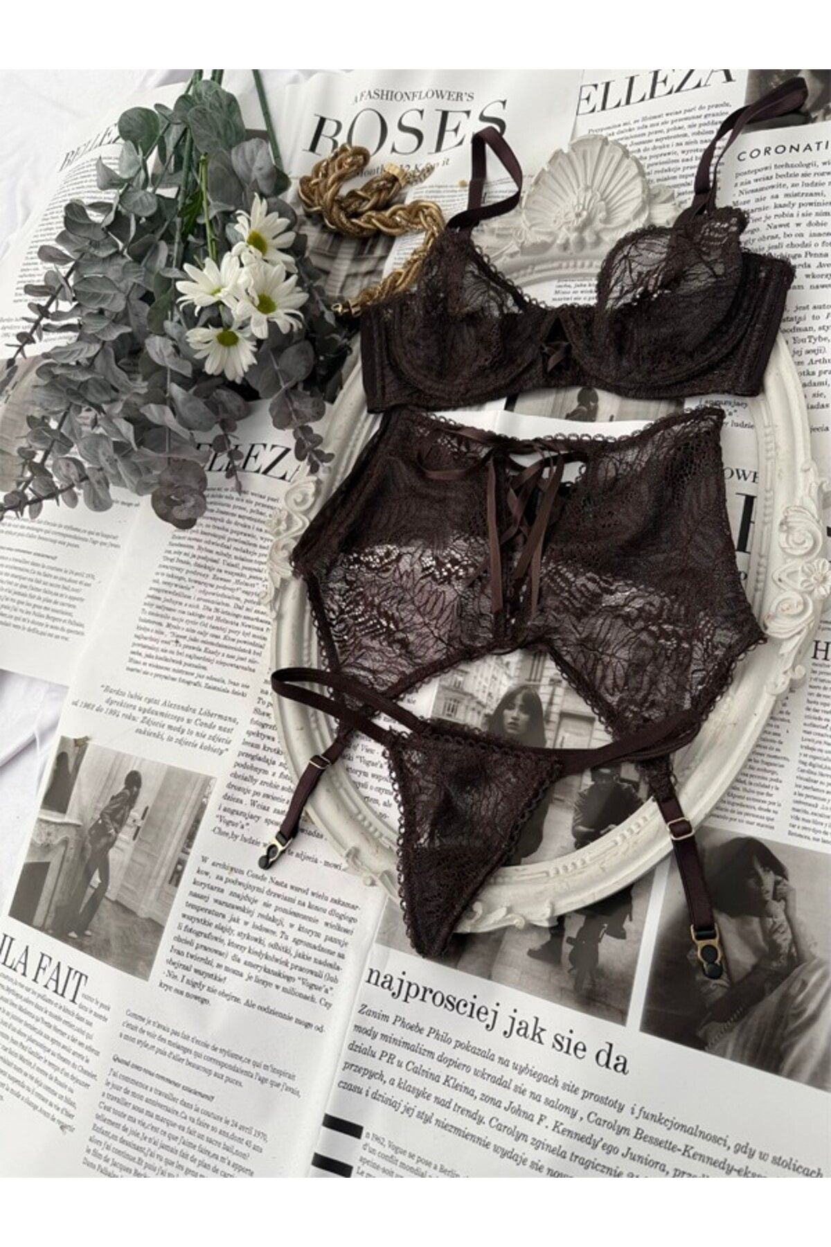 Delar Luxury Petal Kahverengi Jartiyerli İç Çamaşır Takımı
