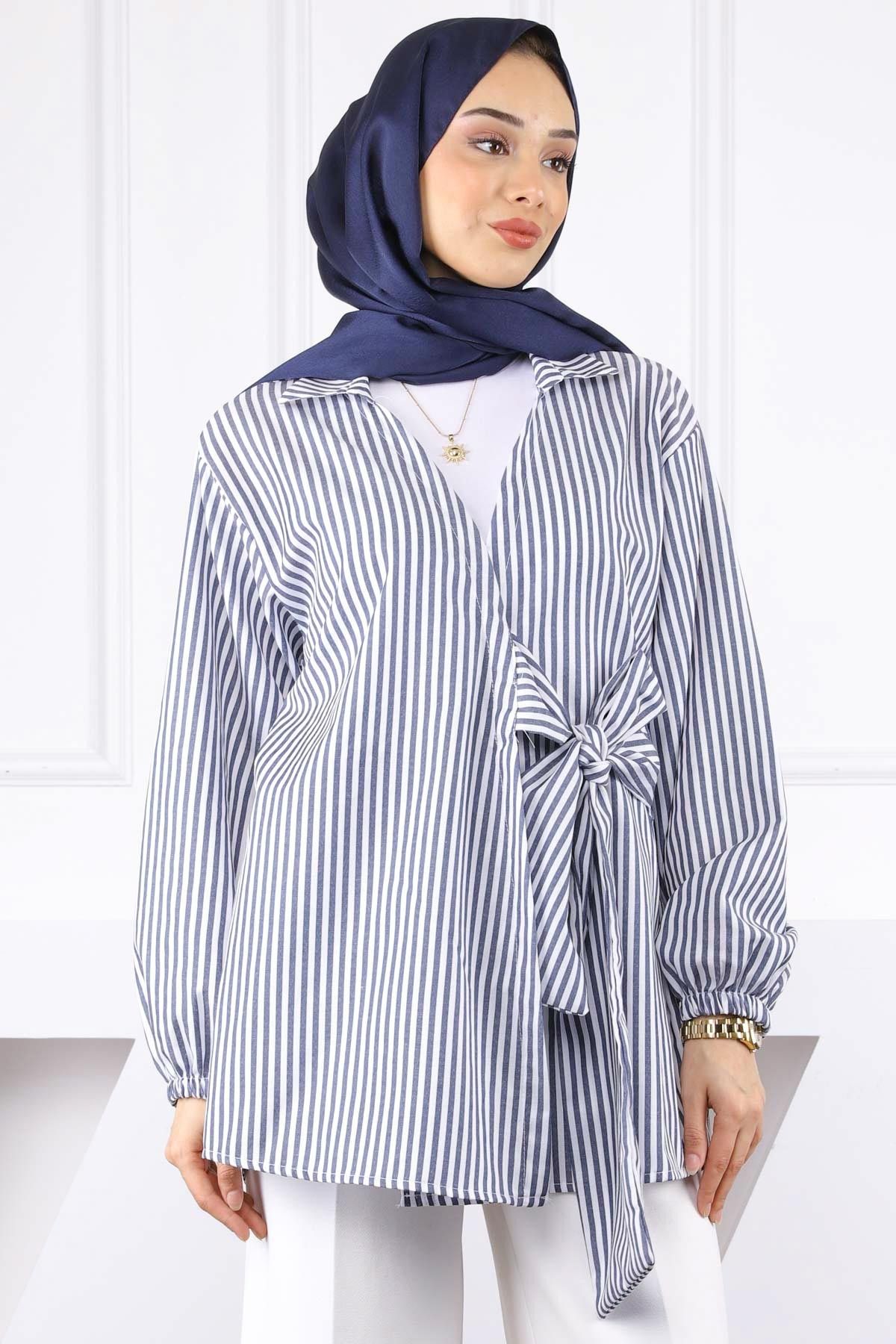 İmajButik Beyaz Lacivert Çizgili Yan Bağlamalı Kimono