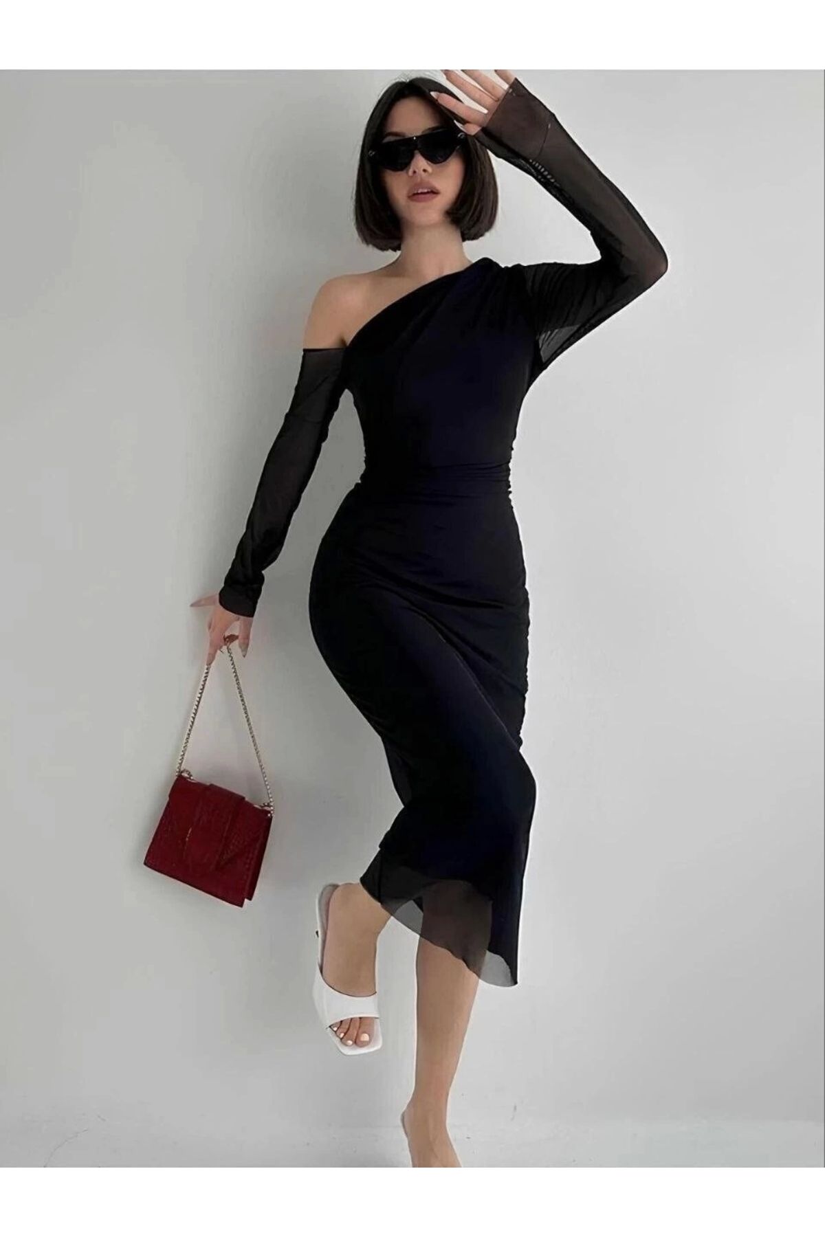 MODA Omuz asimetrik Detaylı Uzun Şifon Elbise - Siyah