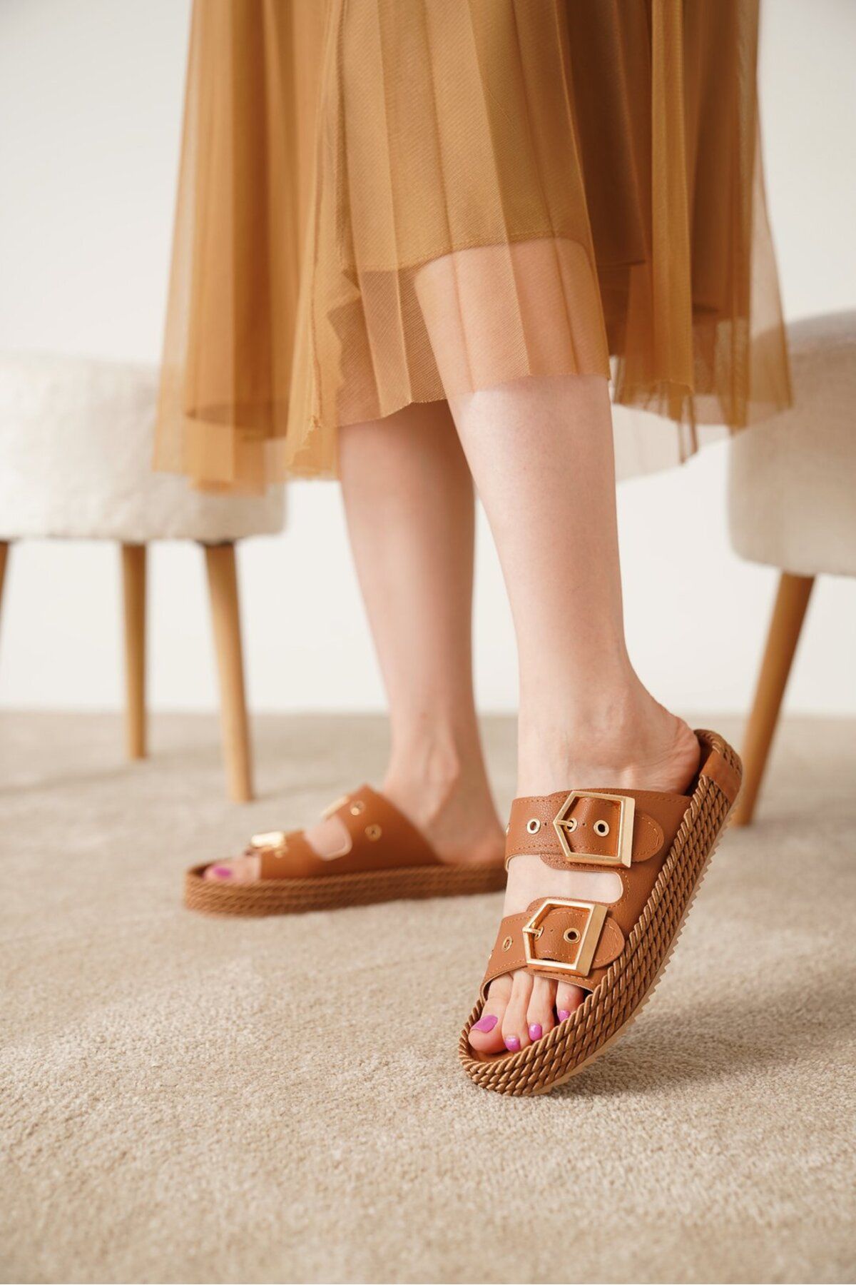 luuq shoes MİLA Çift Tokalı Hasır Detaylı Kadın Terlik