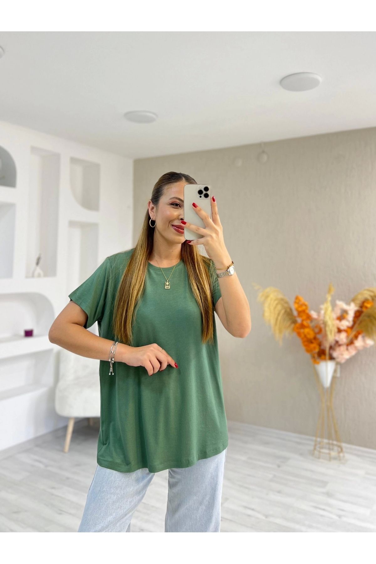 İrka Moda Bisiklet Yaka Viskon Kumaş Basic Tshirt Yeşil