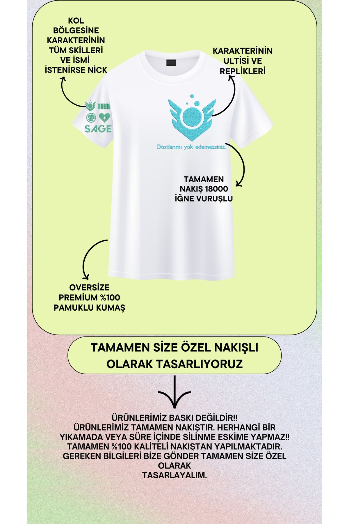yeswhite Valorant SAGE Nakış Tişört – Kişiye Özel Türkçe Replikli Gamer Tasarım