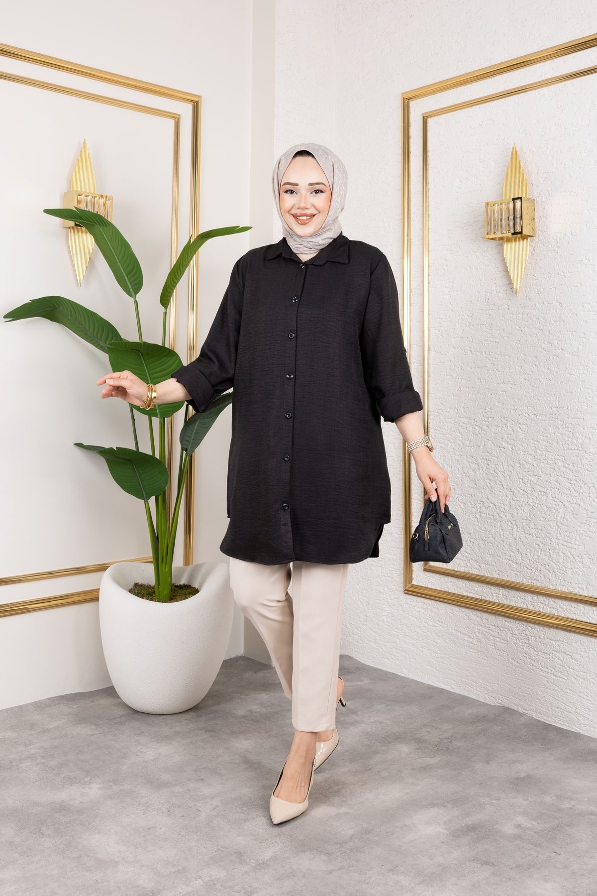 Moda MSK Büyük Beden Sofya Keten Gömlek Siyah