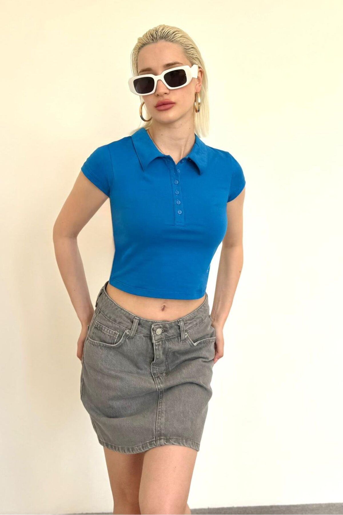 Madmext Mavi Polo Yaka Basic Kadın Tişört Mg2455