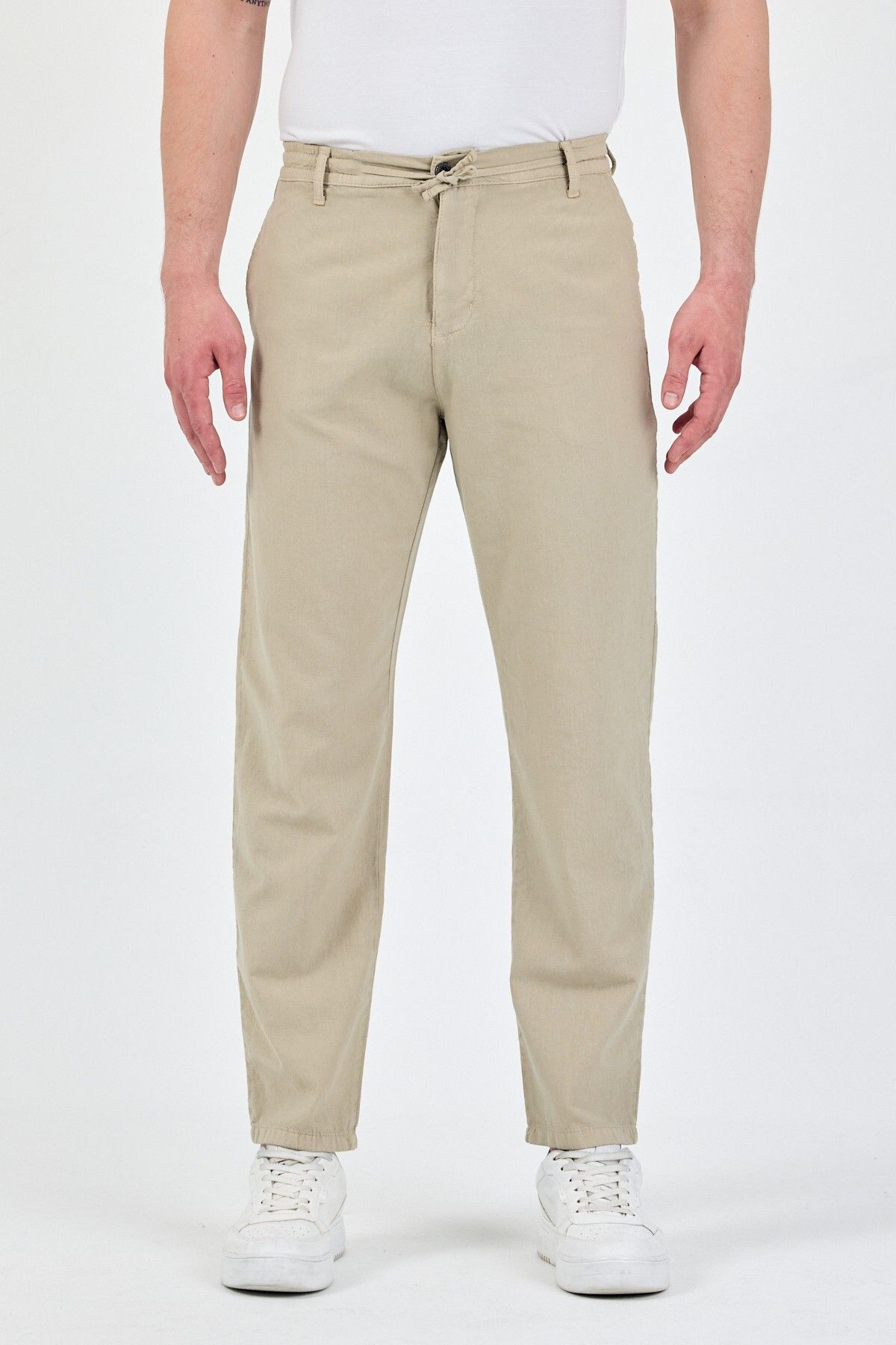 TheSeason Erkek Bej Pamuklu Keten Görünümlü Beli Bağcıklı Relaxed Fit Yazlık Chino Pantolon