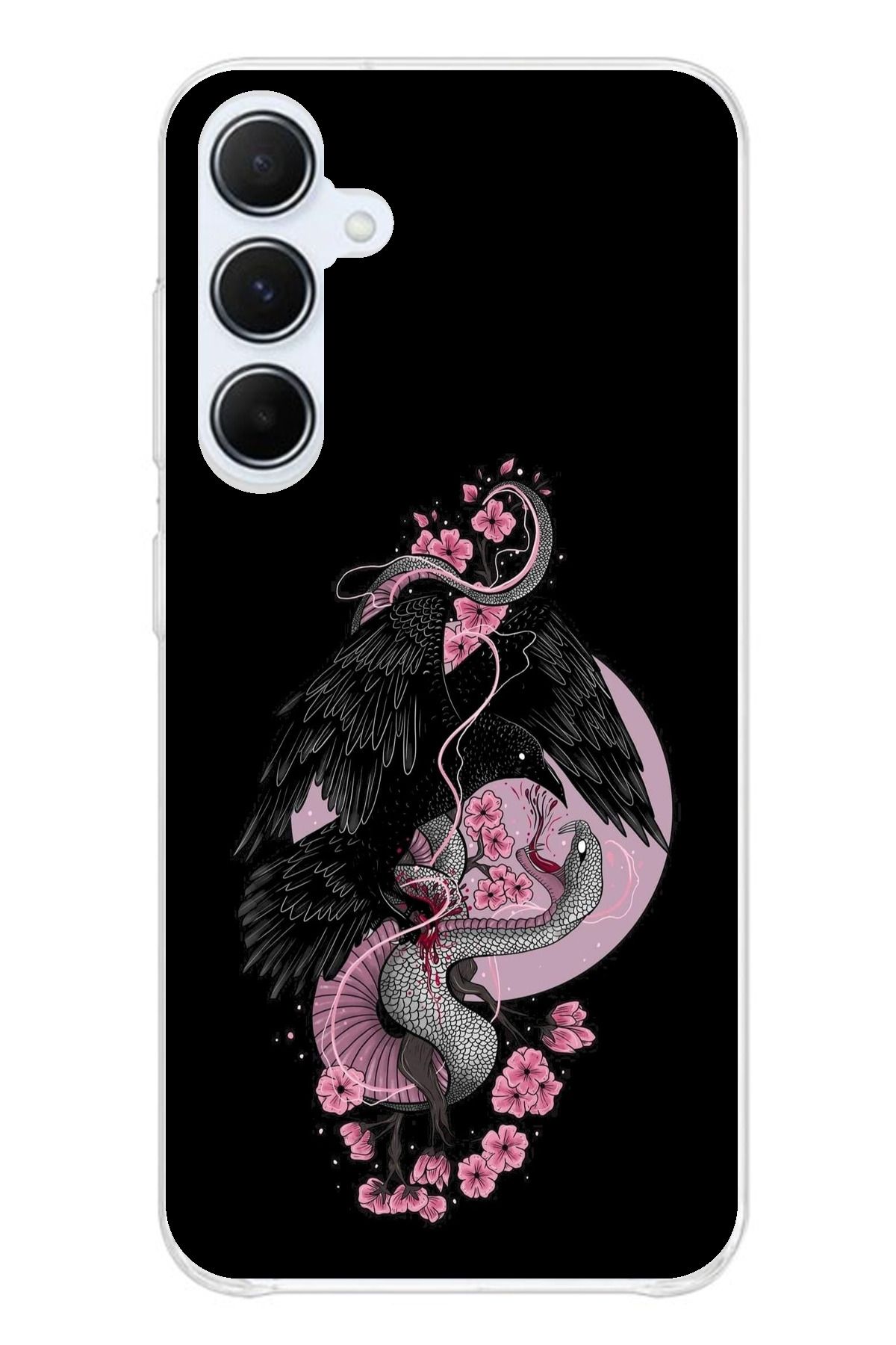 TechTree Samsung Galaxy A55 Uyumlu Pembe Siyah Yılan Şeffaf Silikon Kılıf