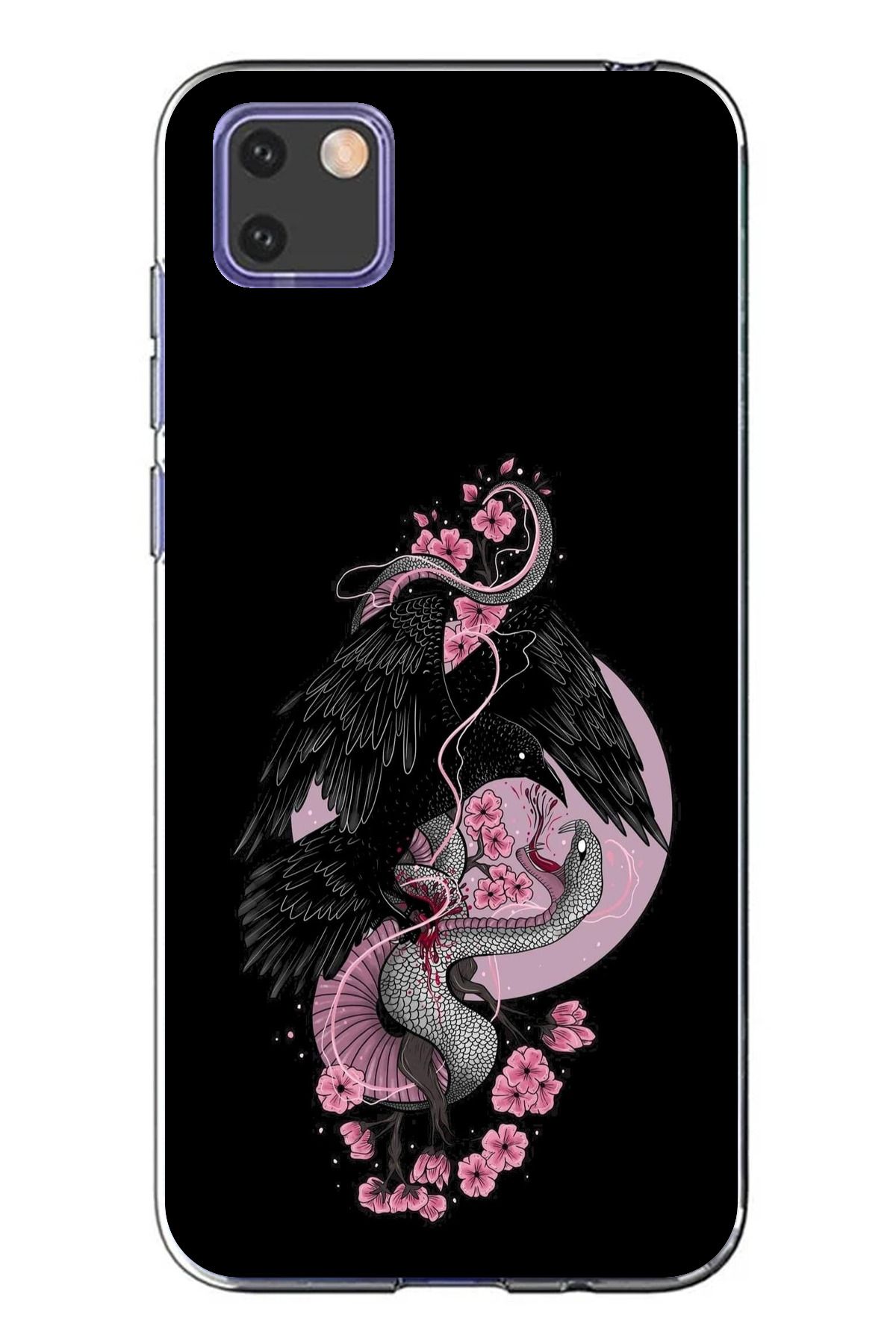TechTree Huawei Y5P Uyumlu Pembe Siyah Yılan Şeffaf Silikon Kılıf