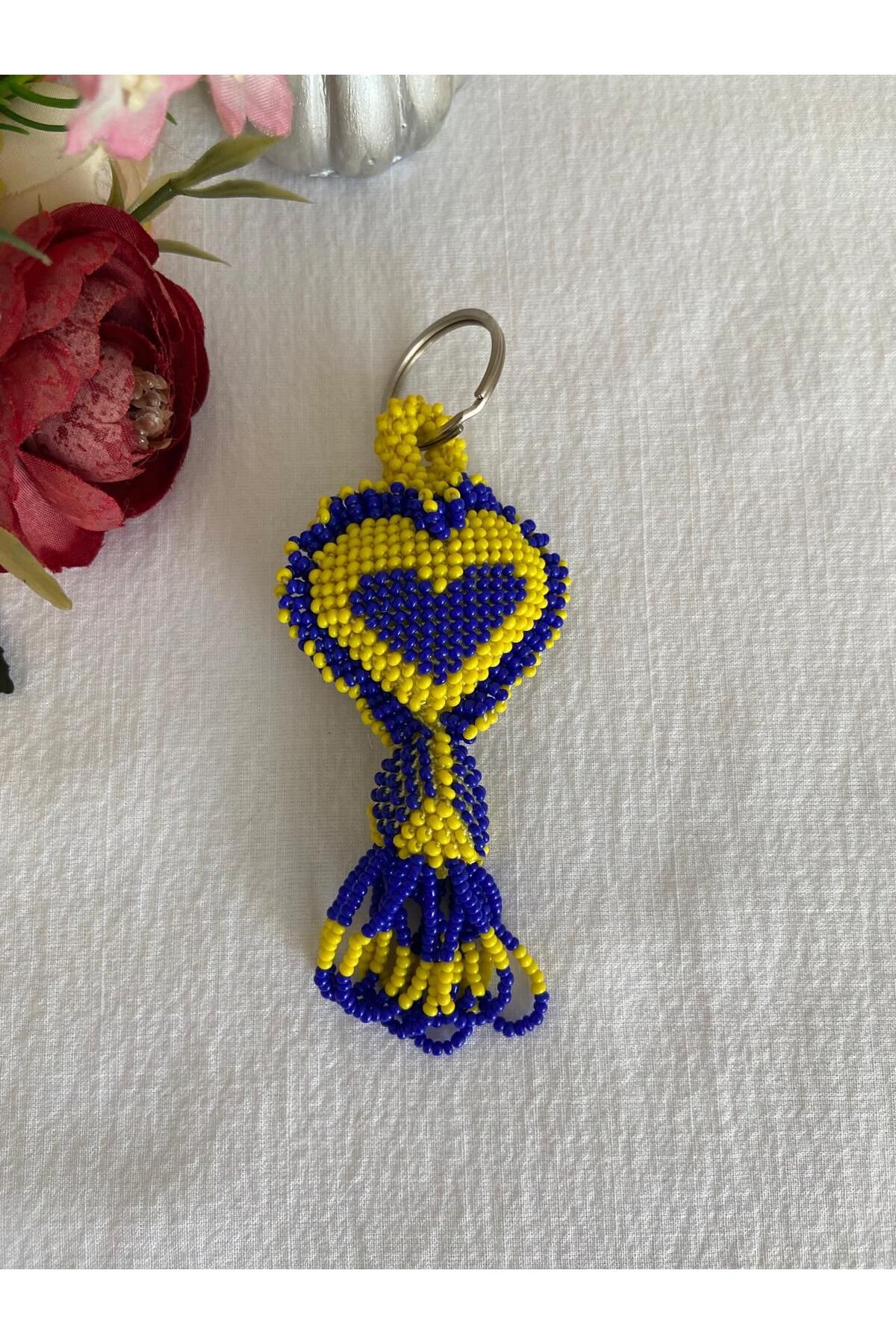 Handmade KUM BONCUK EL İŞİ SARI LACİVERT ANAHTARLIK