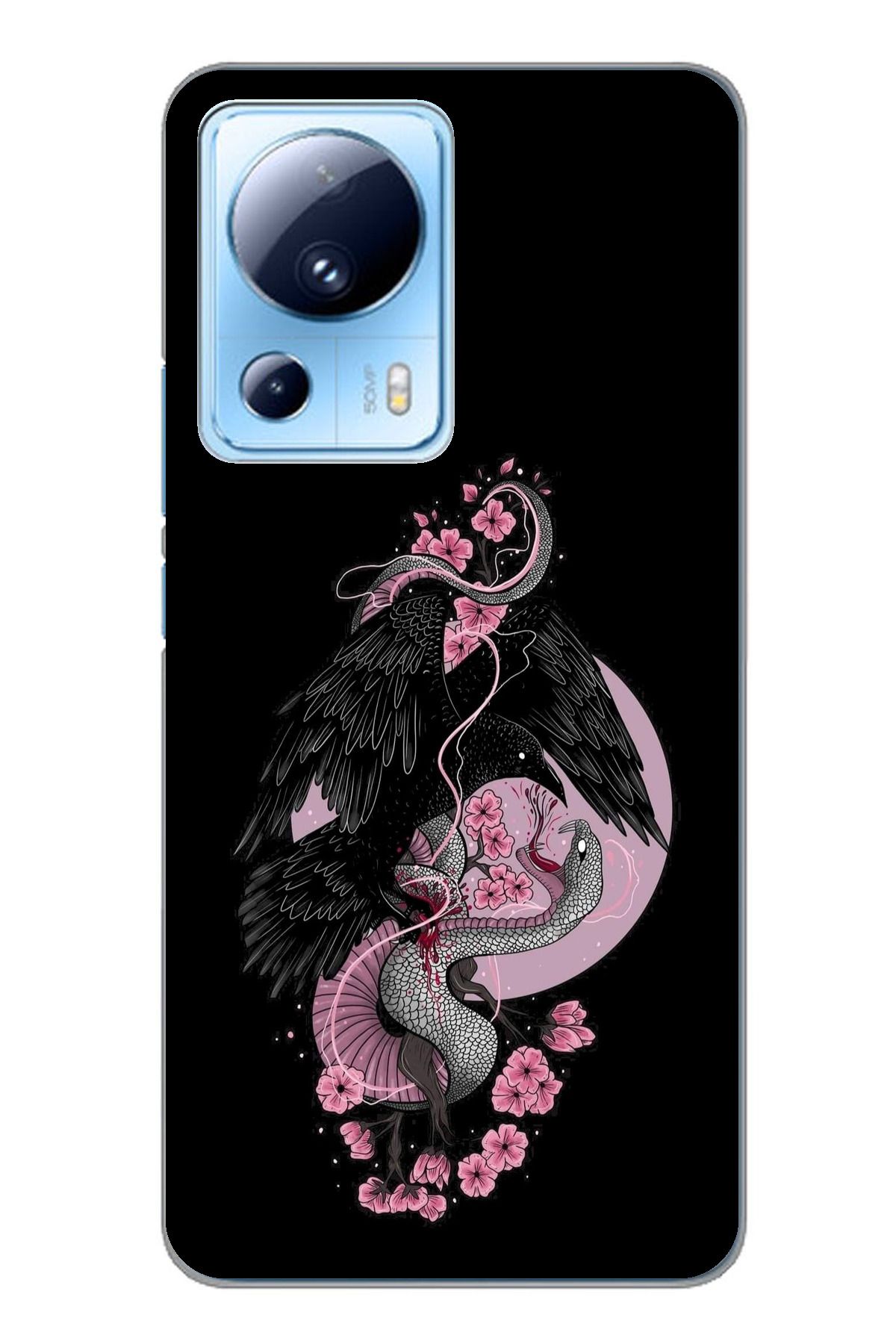 TechTree Xiaomi Mi 13 Lite Uyumlu Pembe Siyah Yılan Şeffaf Silikon Kılıf
