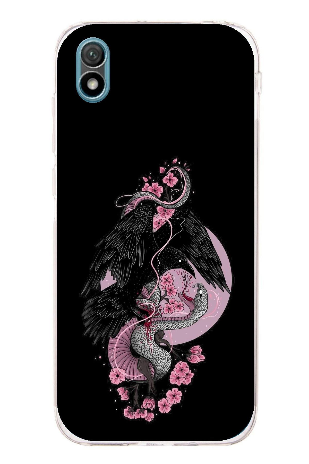 TechTree Huawei Y5 2019 - Honor 8S Uyumlu Pembe Siyah Yılan Şeffaf Silikon Kılıf