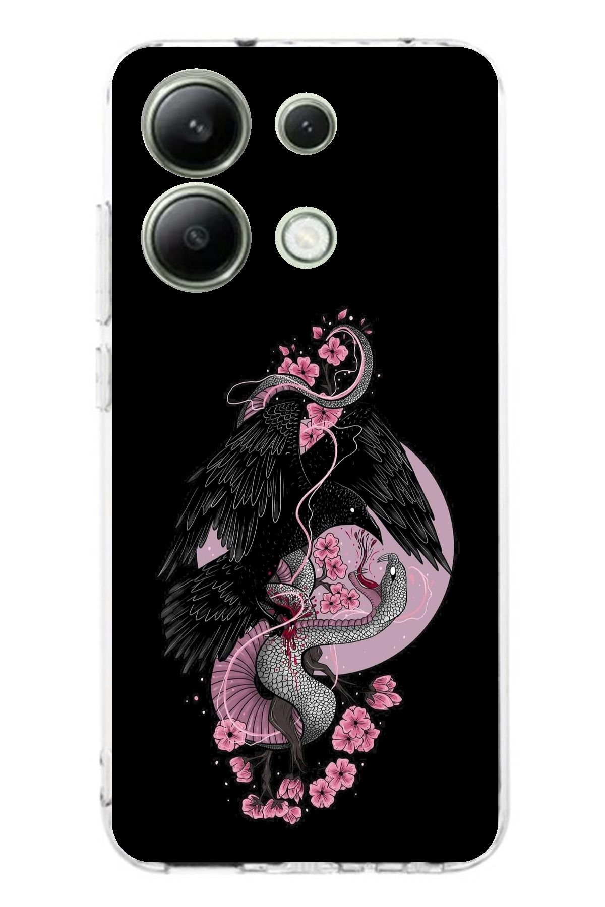 TechTree Redmi Note 13 4G Uyumlu Pembe Siyah Yılan Şeffaf Silikon Kılıf