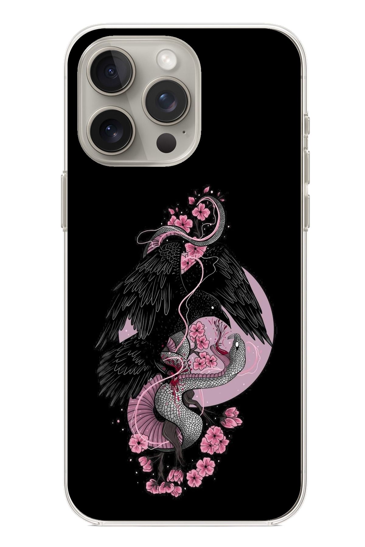 TechTree iPhone 15 PRO Uyumlu Pembe Siyah Yılan Şeffaf Silikon Kılıf