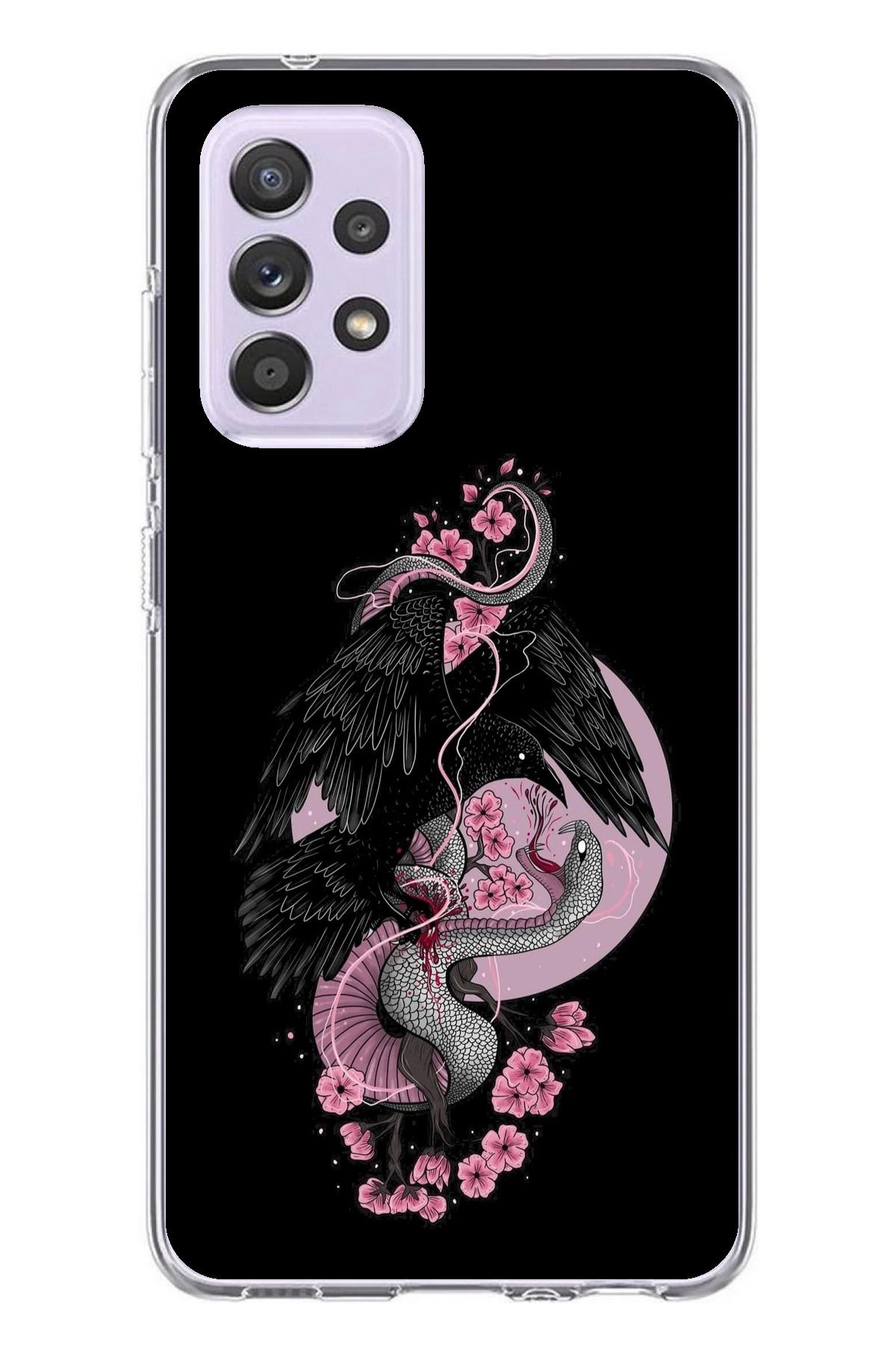 TechTree Samsung Galaxy A72 Uyumlu Pembe Siyah Yılan Şeffaf Silikon Kılıf