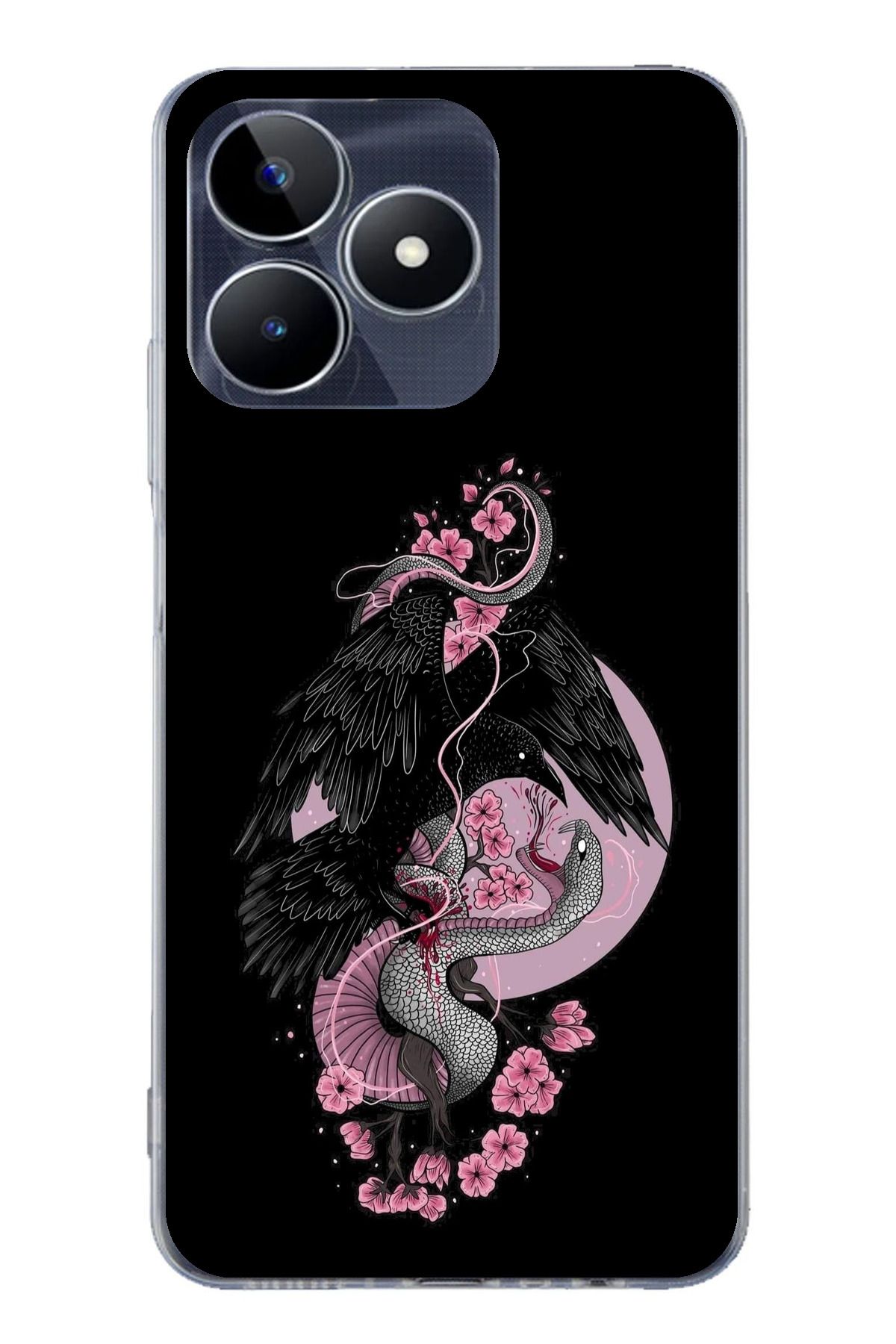 TechTree Realme C53 Uyumlu Pembe Siyah Yılan Şeffaf Silikon Kılıf