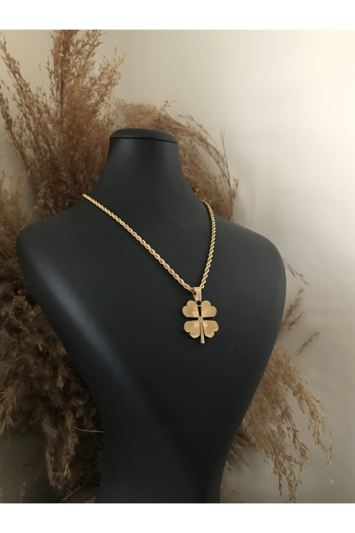 Opia JEWELRY - Çelik Burgu Zincirli Yonca Kolye