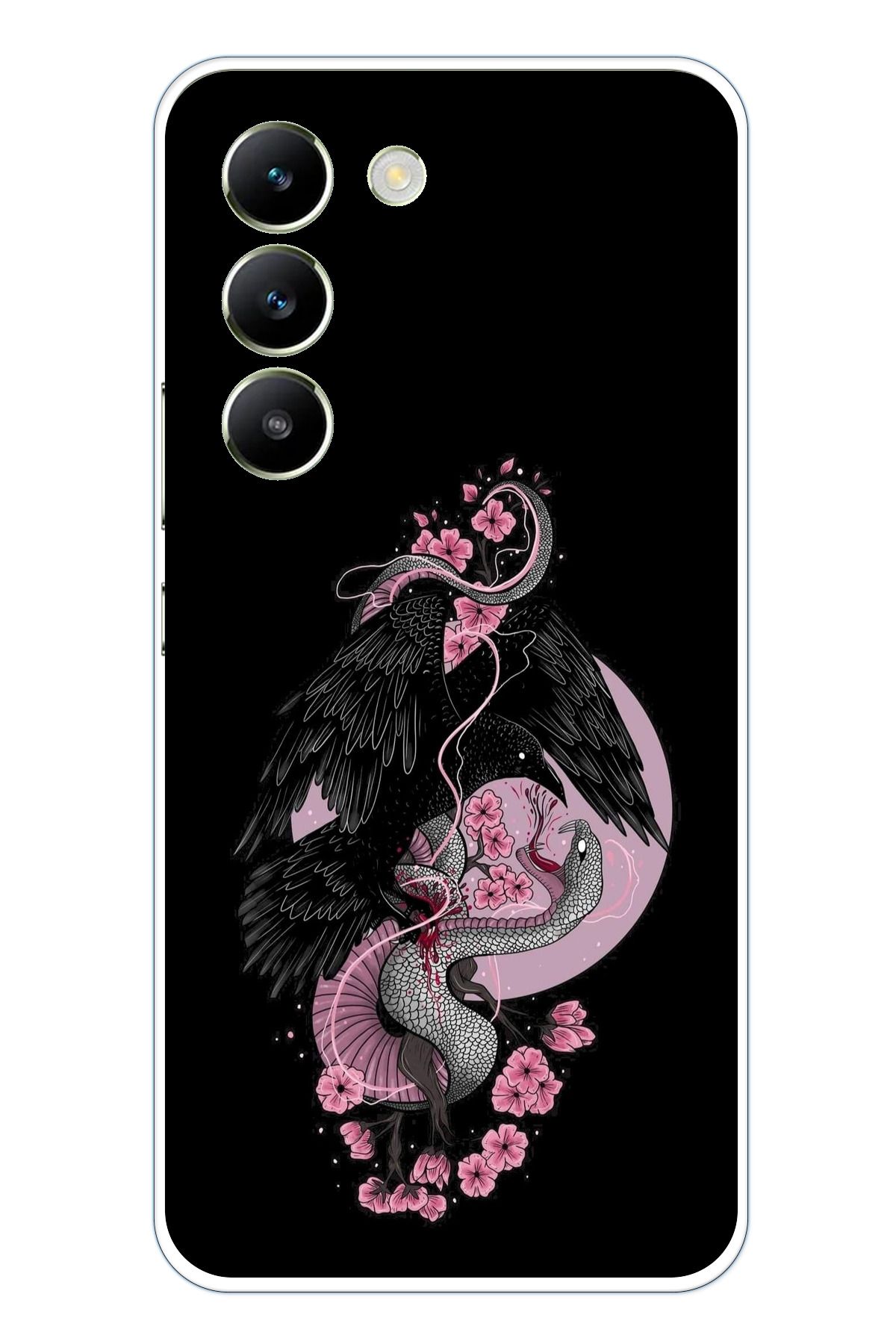 TechTree Vivo V30 Lite Uyumlu Pembe Siyah Yılan Şeffaf Silikon Kılıf