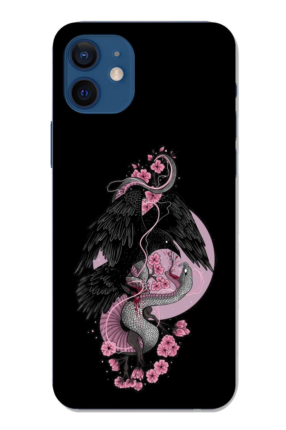 TechTree iPhone 12 Uyumlu Pembe Siyah Yılan Şeffaf Silikon Kılıf