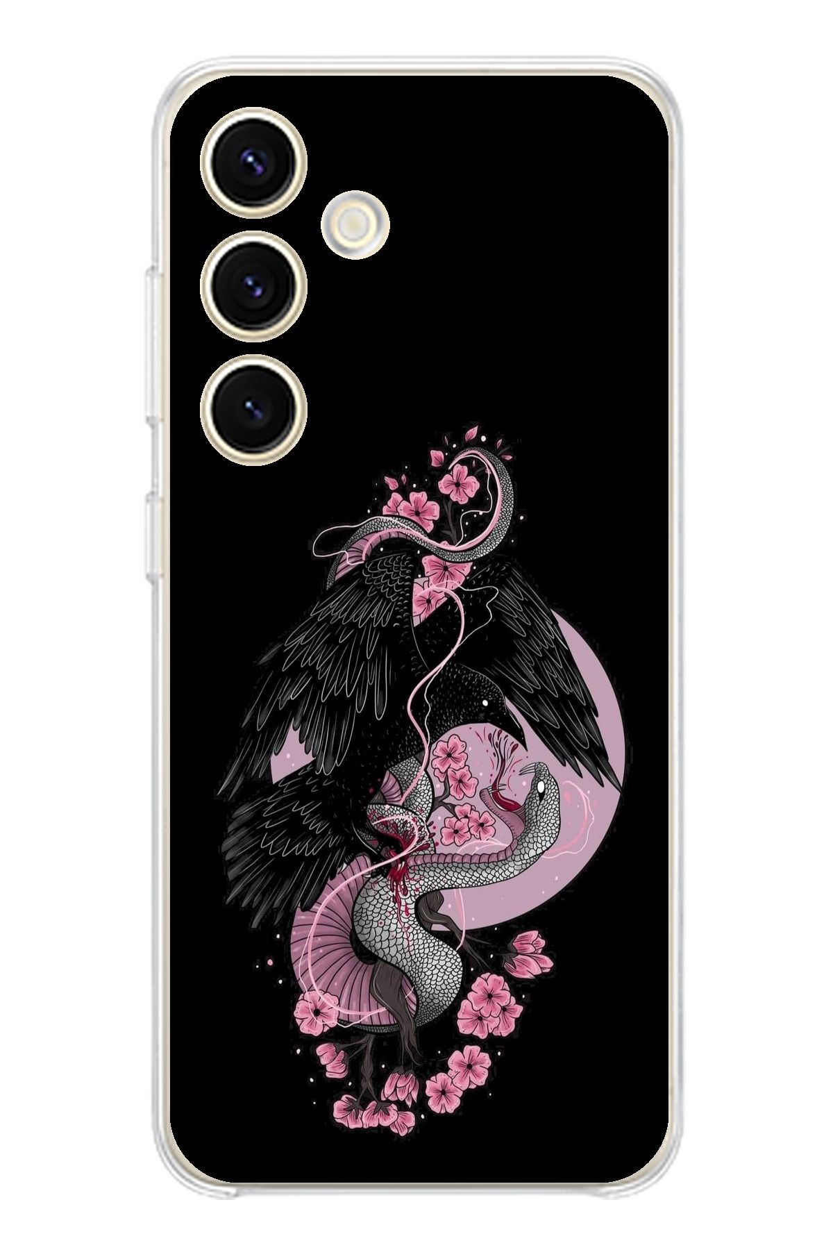 TechTree Samsung Galaxy S24 Uyumlu Pembe Siyah Yılan Şeffaf Silikon Kılıf
