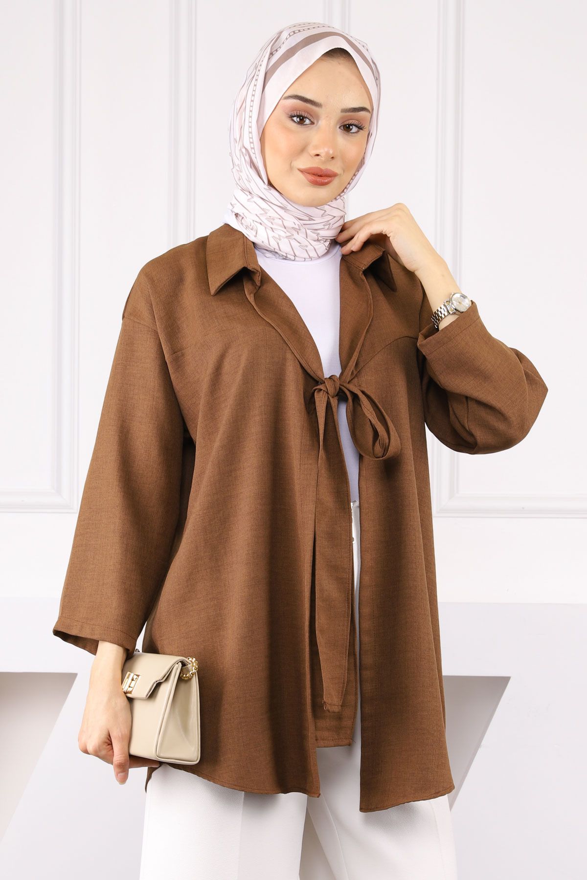 İmajButik Kahverengi Ön Bağlamalı Kimono