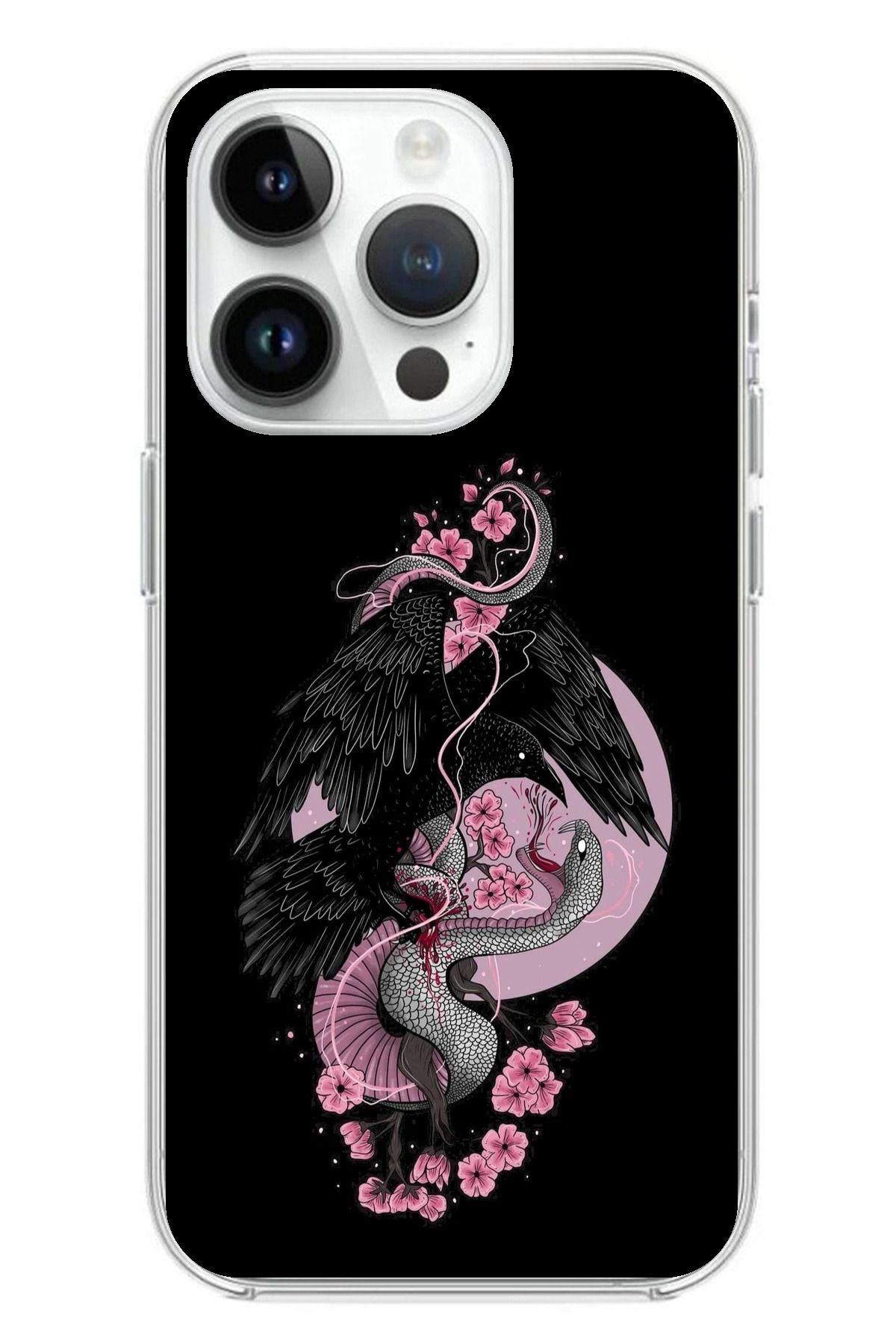 TechTree iPhone 14 PRO MAX Uyumlu Pembe Siyah Yılan Şeffaf Silikon Kılıf