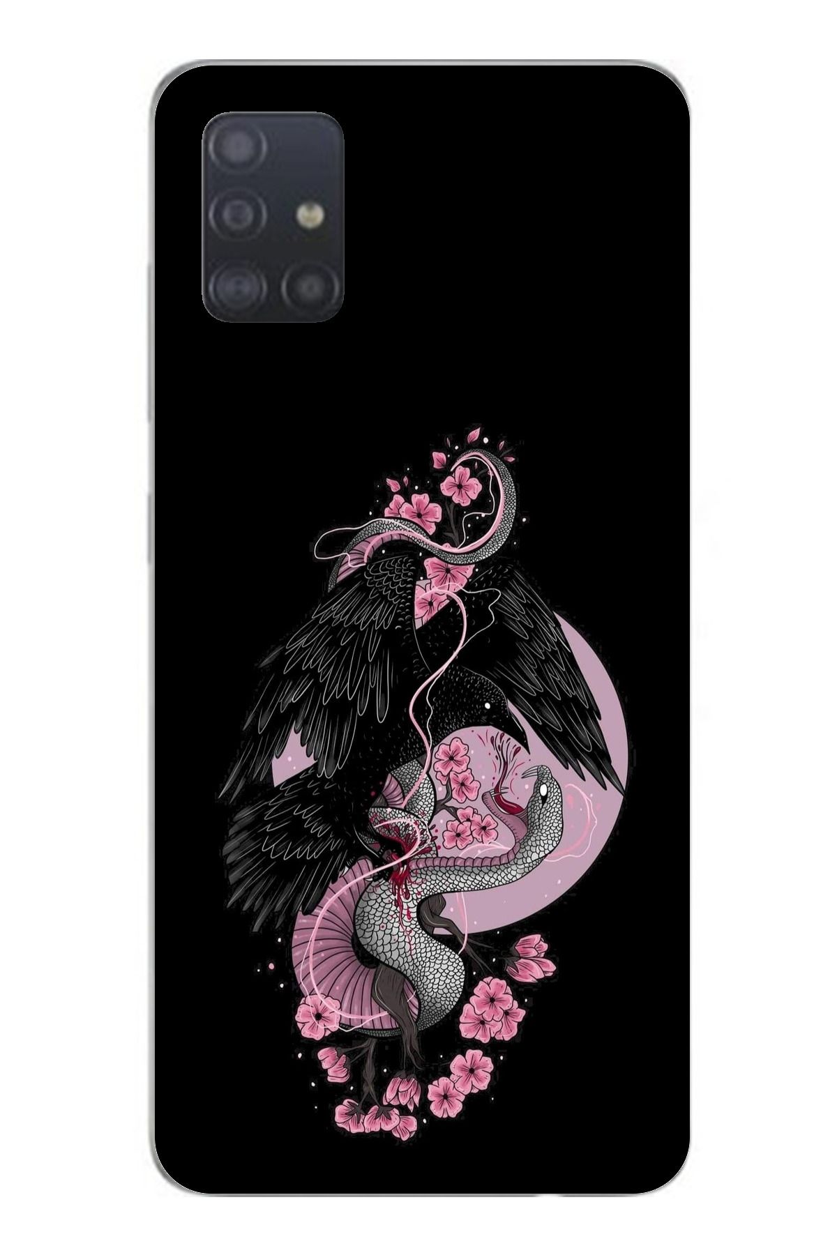 TechTree Samsung Galaxy A51 Uyumlu Pembe Siyah Yılan Şeffaf Silikon Kılıf