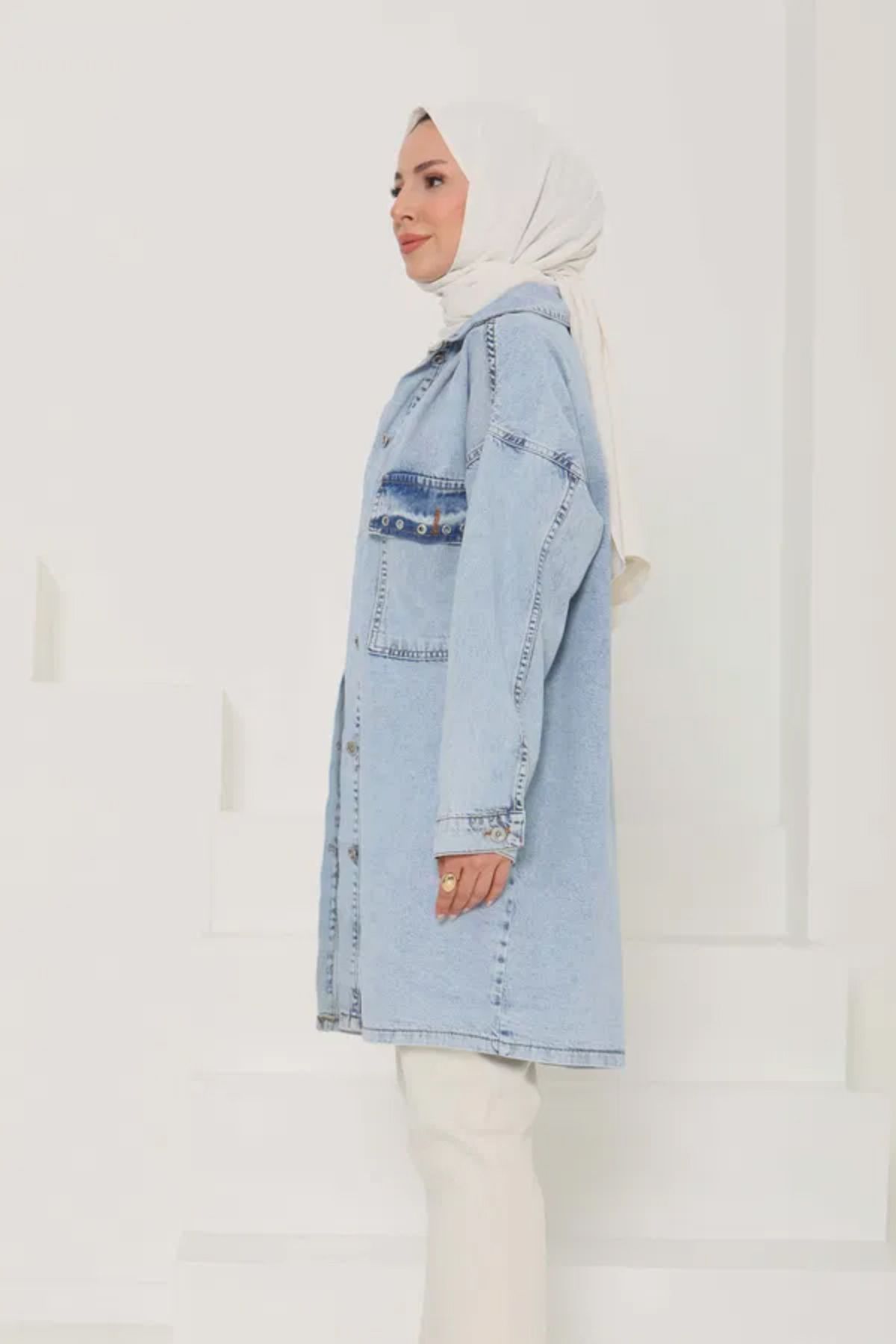 Butik Kadın Oversize Kuş Gözü Cepli Kot Ceket
