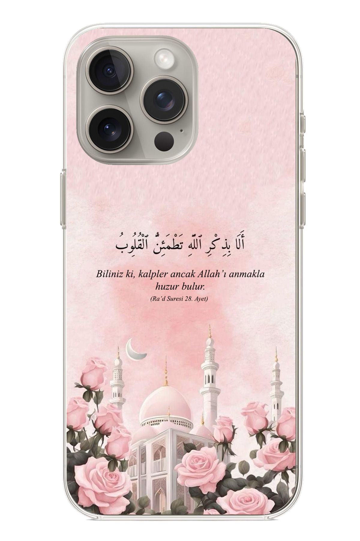 TechTree iPhone 15 PRO Uyumlu Rad Suresi Cami ve Güller Şeffaf Silikon Kılıf