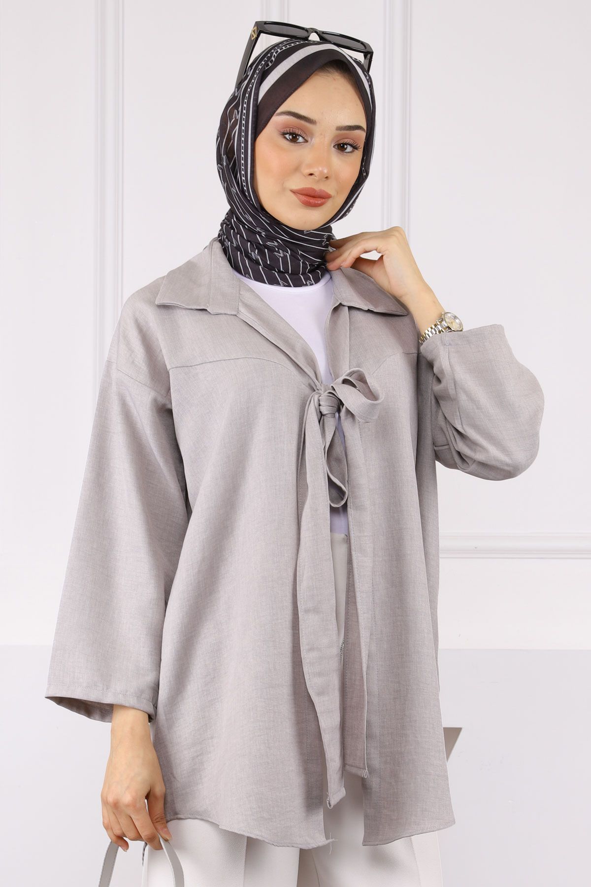 İmajButik Gri Ön Bağlamalı Kimono