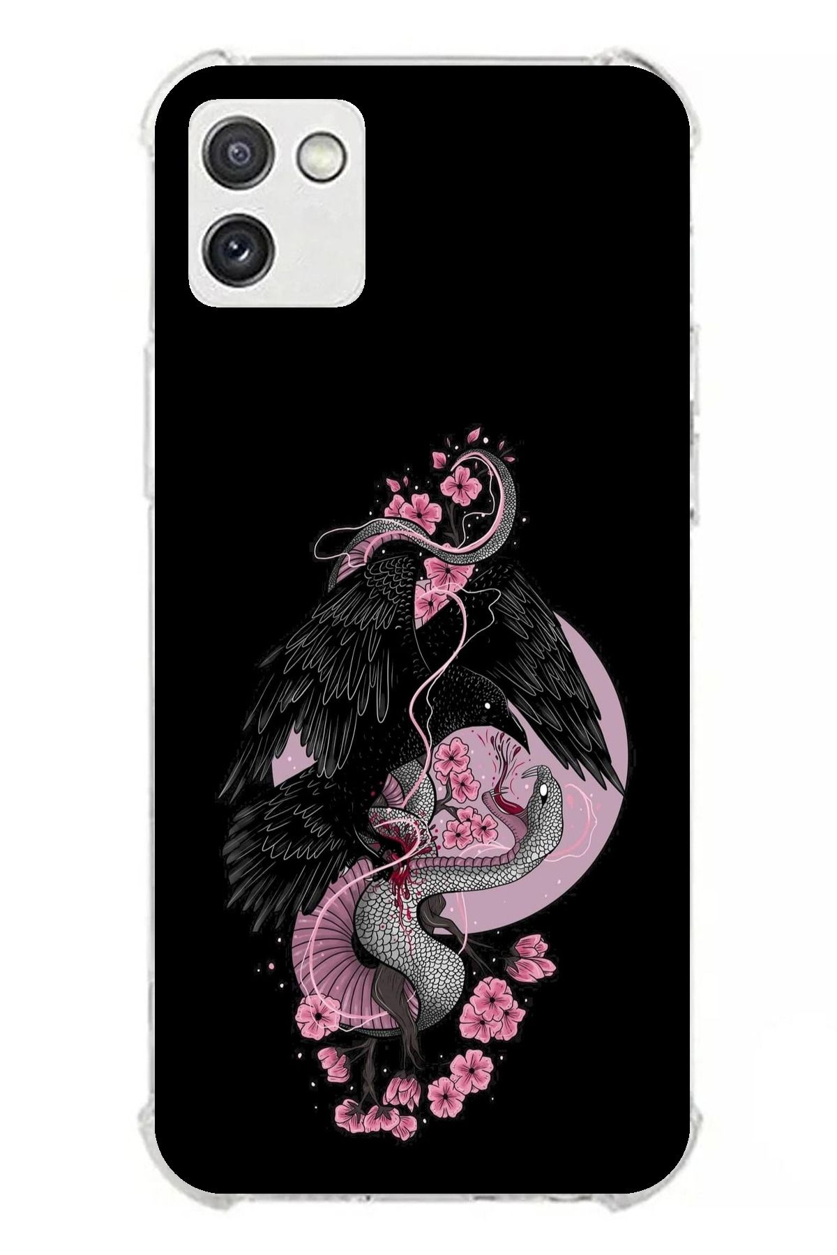 TechTree Samsung Galaxy A03 Uyumlu Pembe Siyah Yılan Şeffaf Silikon Kılıf