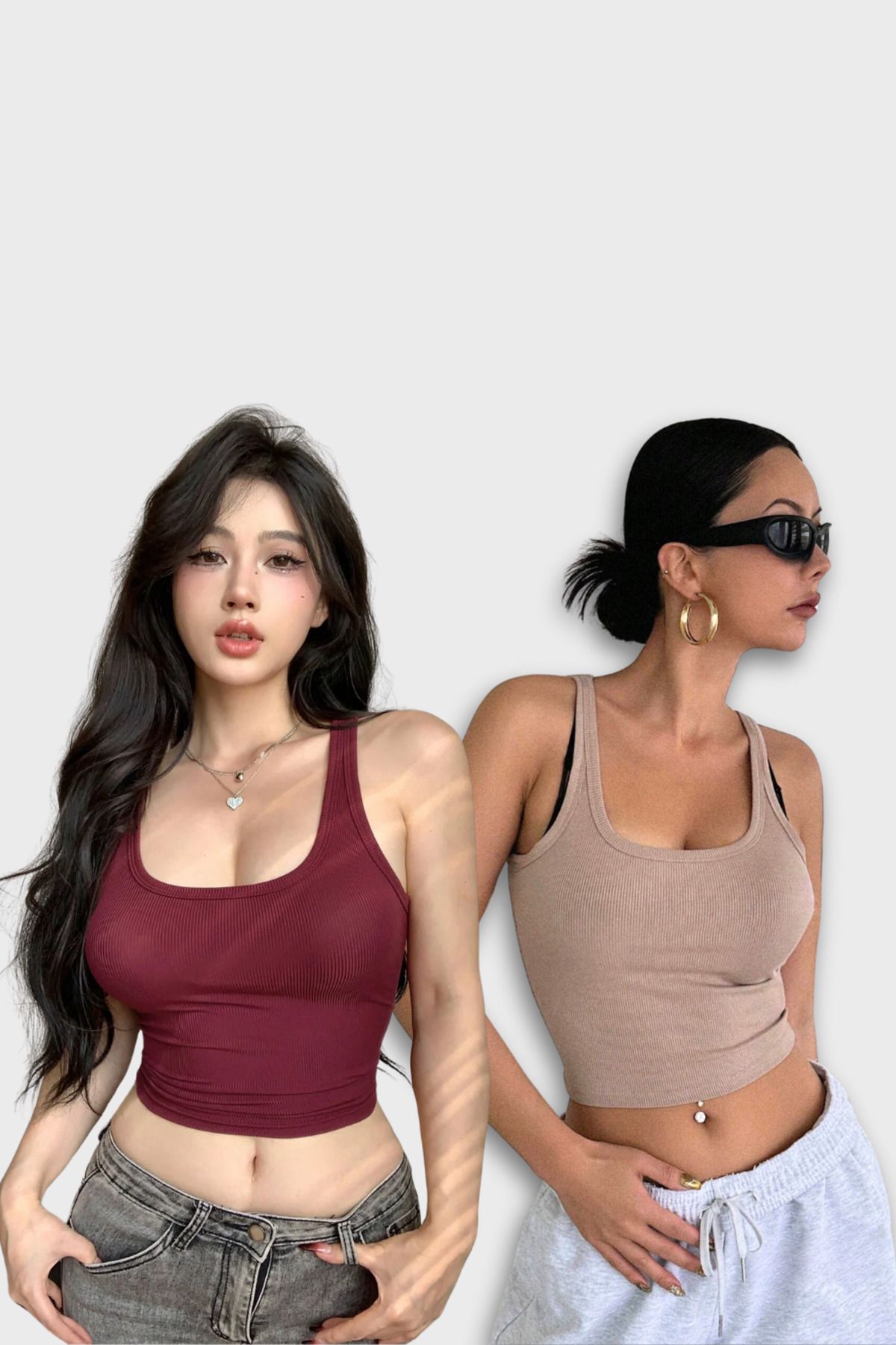 MADALİNA Kadın 2Lİ Paket Bordo Bej Geniş Askı Bluz