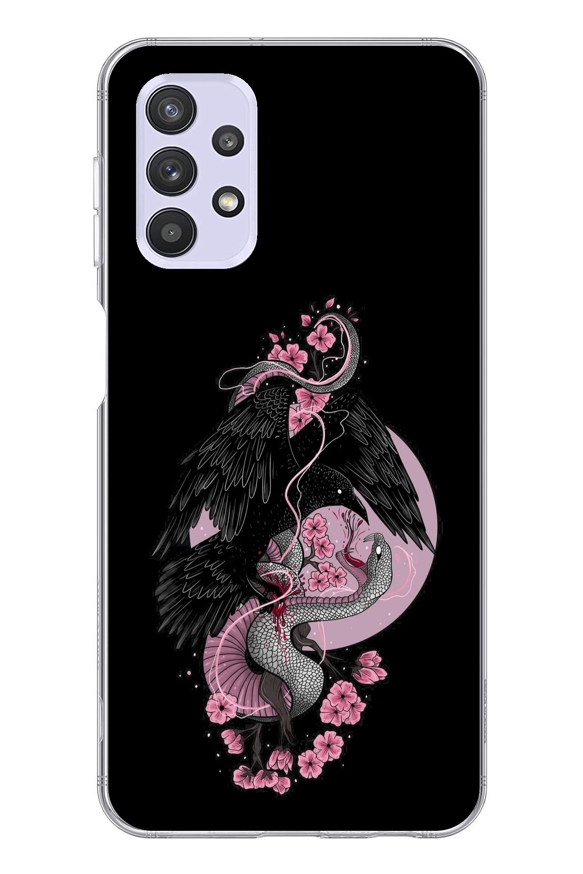 TechTree Samsung Galaxy A32 Uyumlu Pembe Siyah Yılan Şeffaf Silikon Kılıf