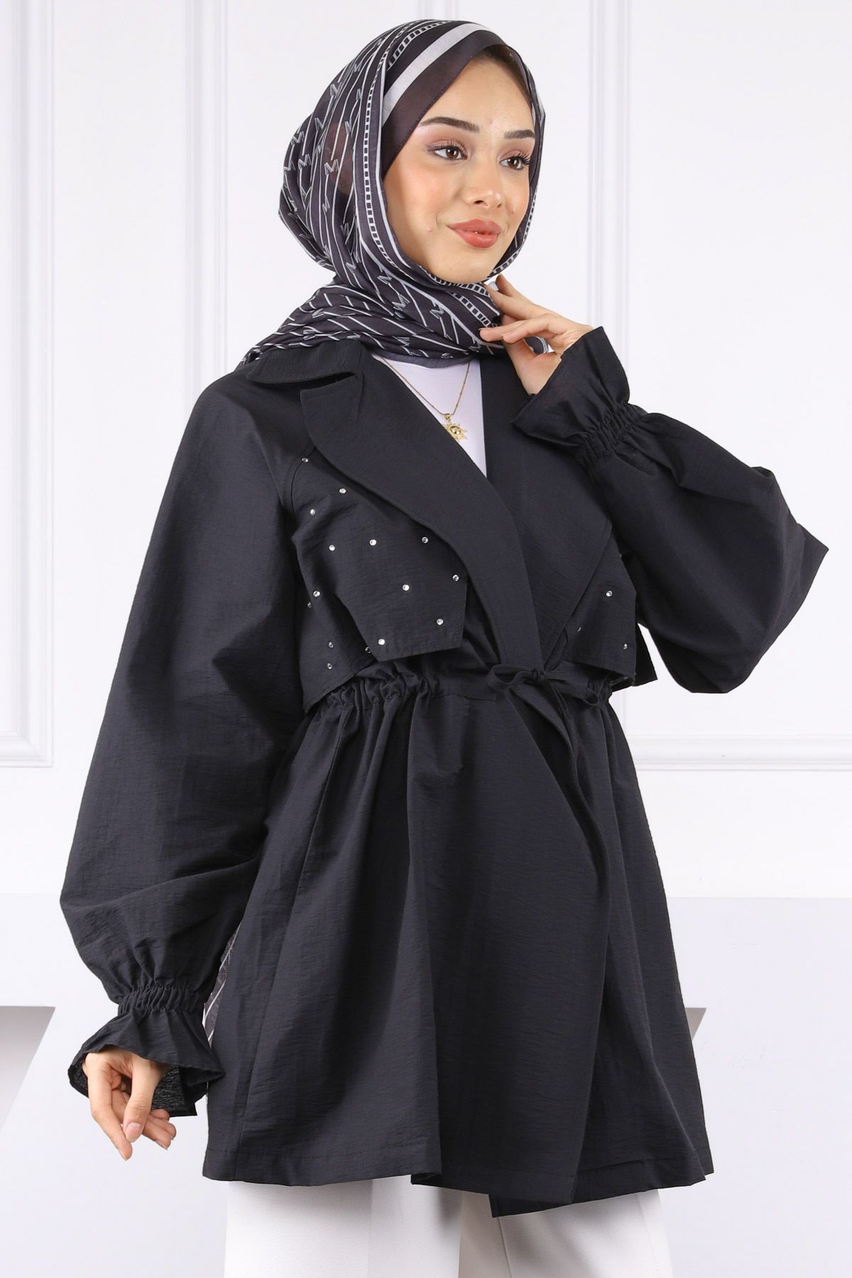 İmajButik Siyah Kruvaze Yaka Önü Taşlı Ceket