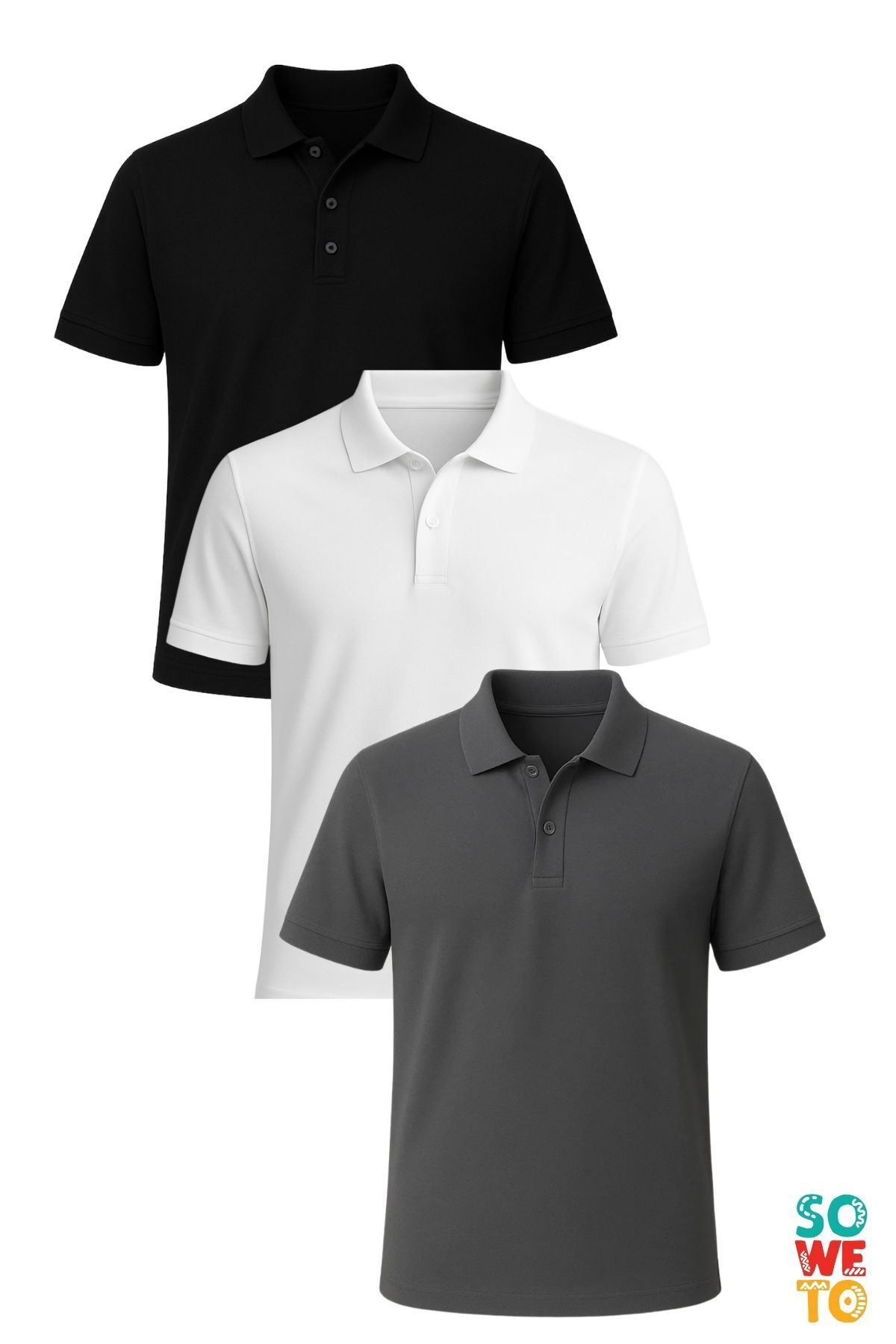 Soweto Erkek Düğmeli Kısa Kol Regular Fit %100 Pamuklu Polo Yaka 3'lü Basic T-Shirt
