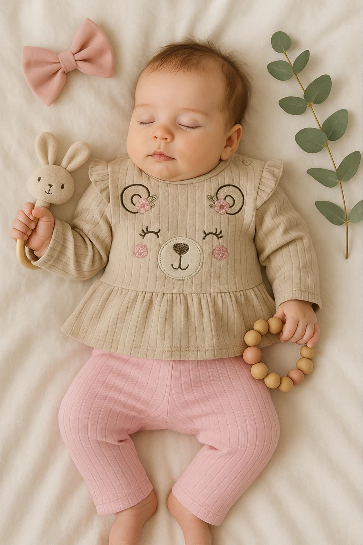 Çıldırıns Mutlu Ayıcık Nakışlı Raporlu Kumaş 2’li Bebek Takım