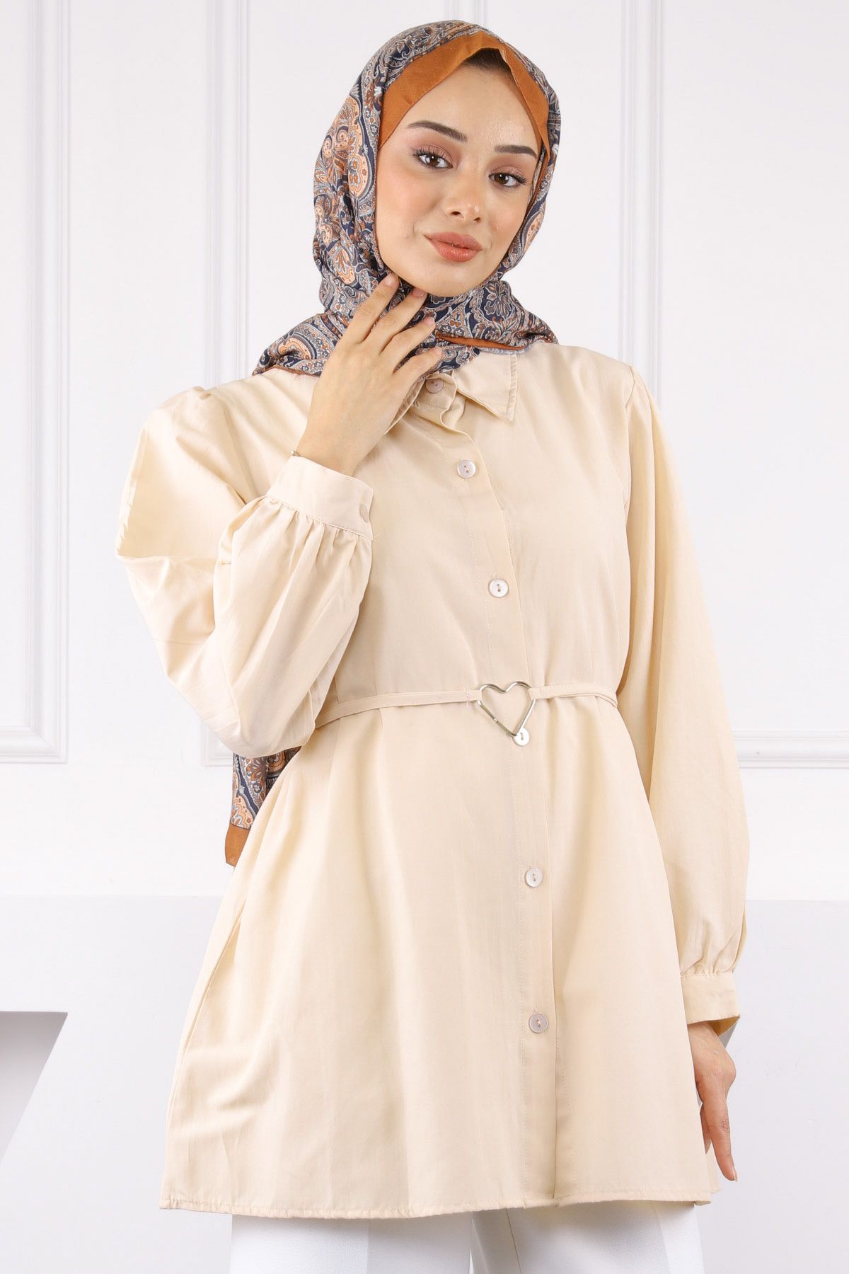 İmajButik Bej Kuşaklı Düğmeli Gömlek