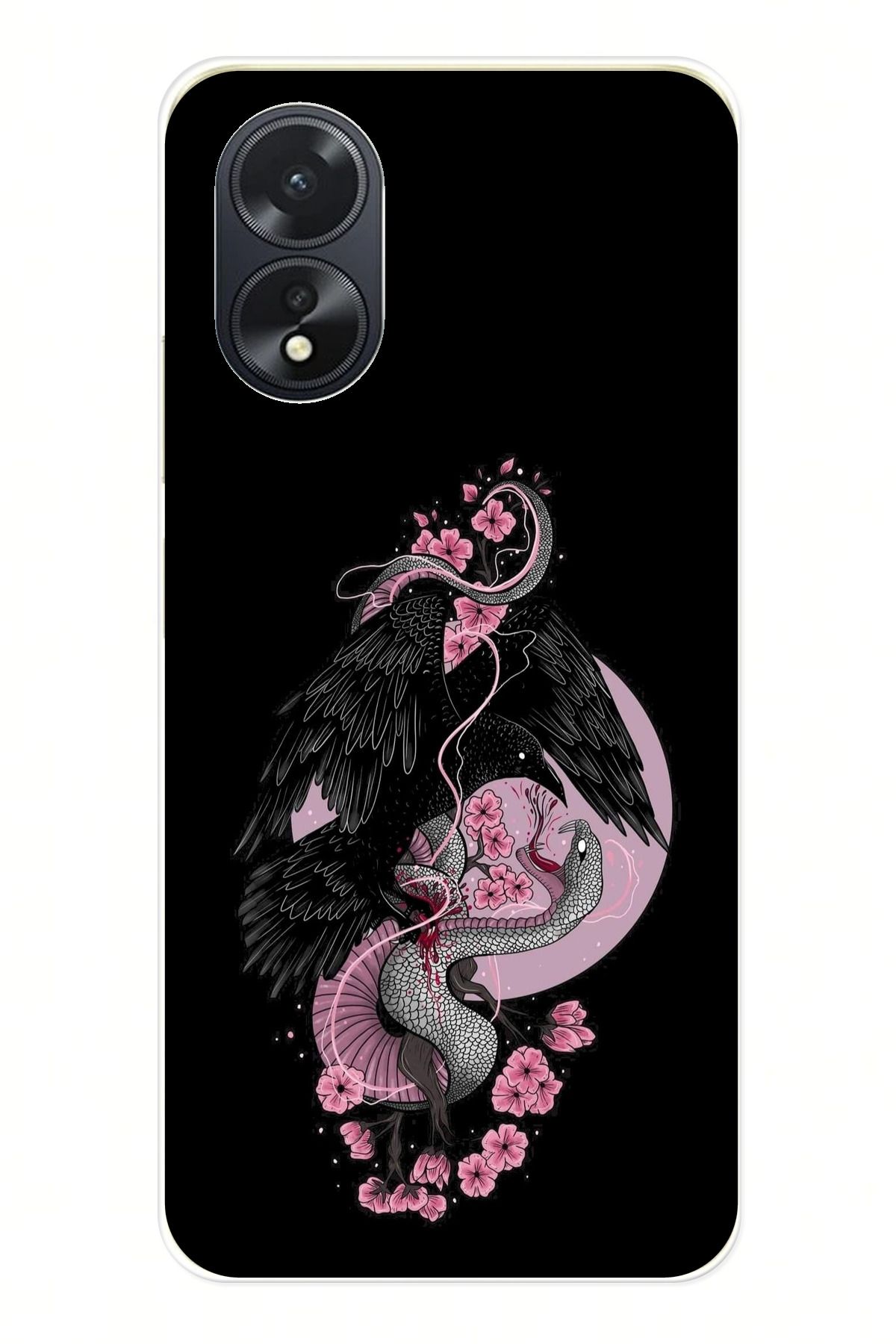 TechTree OPPO A38 Uyumlu Pembe Siyah Yılan Şeffaf Silikon Kılıf