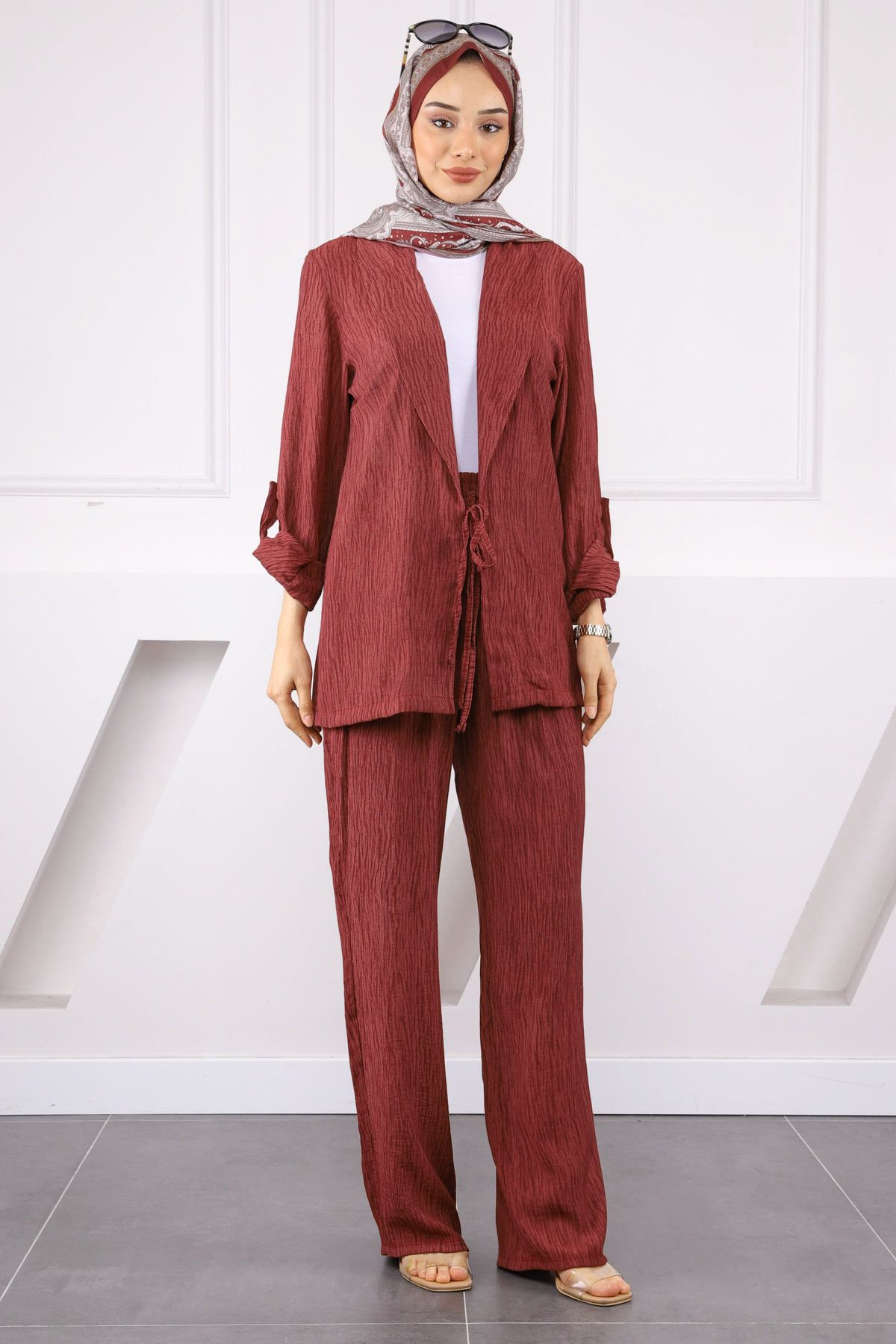 İmajButik Bordo Ön Bağlamalı Kimono Pantolonlu Takım