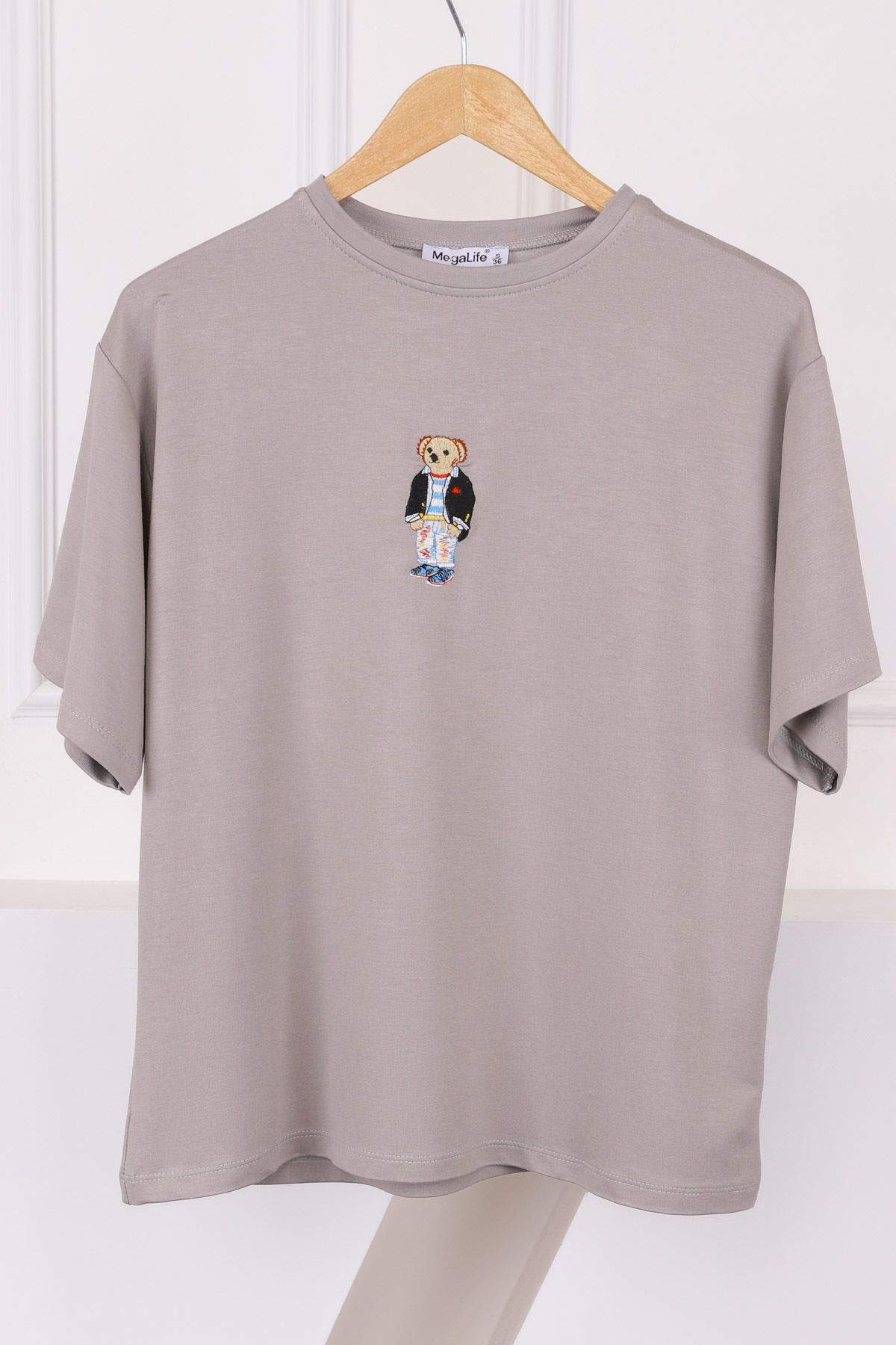İmajButik Gri Nakışlı Modal Kısa Kol T-Shirt