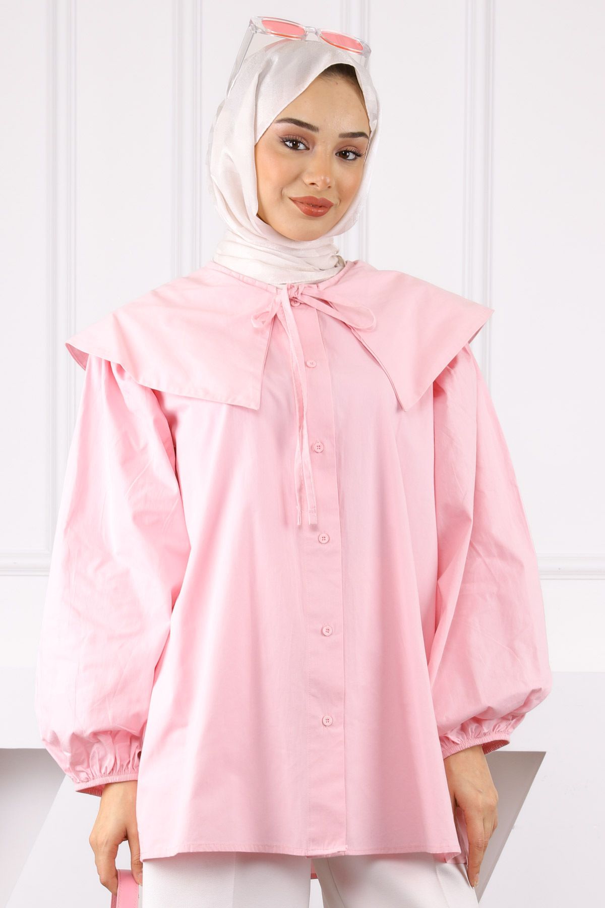 İmajButik Pembe Bebe Yaka Balon Kol Gömlek