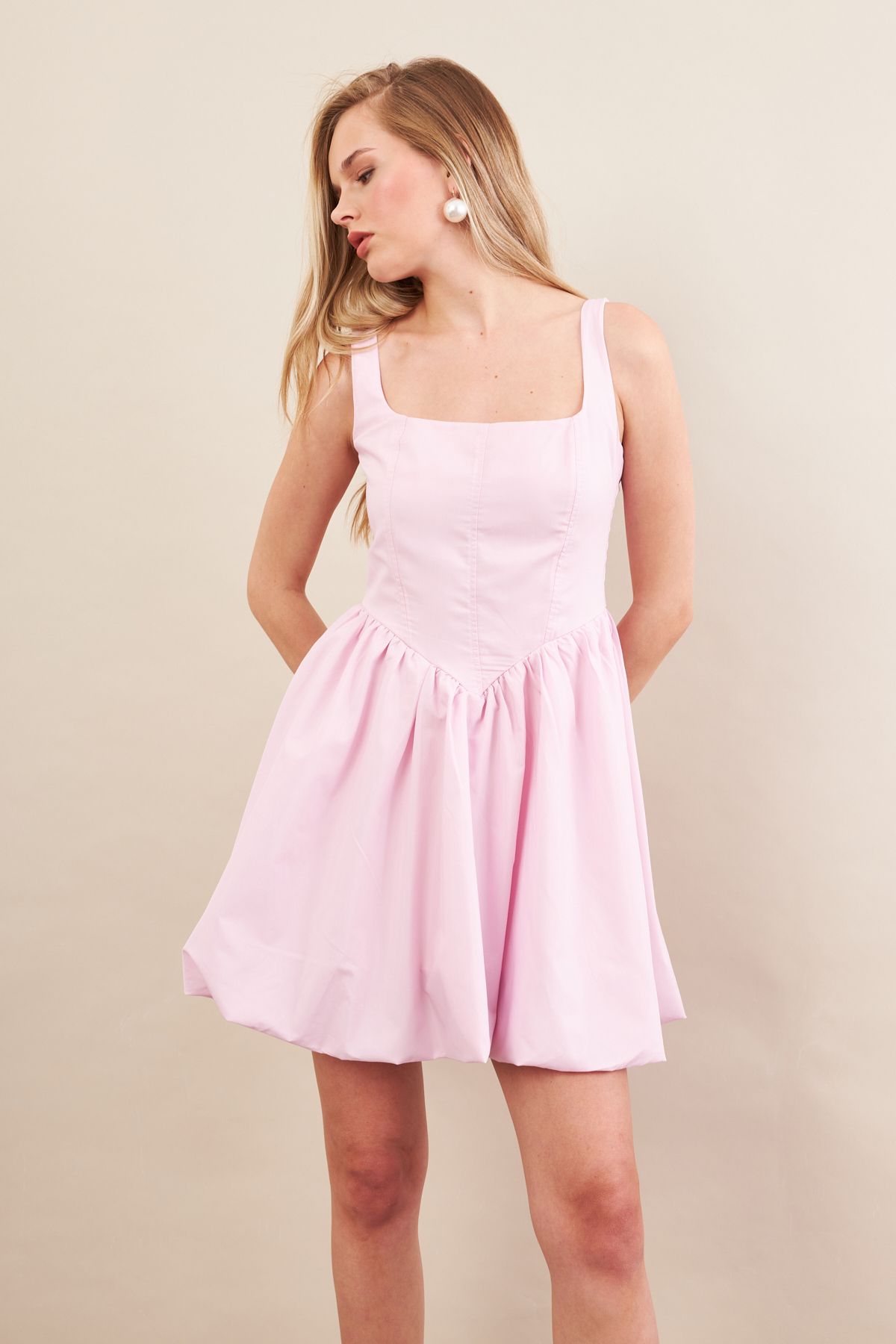 Cool & Sexy Kadın Pembe Askılı Mini Balon Elbise ERL105