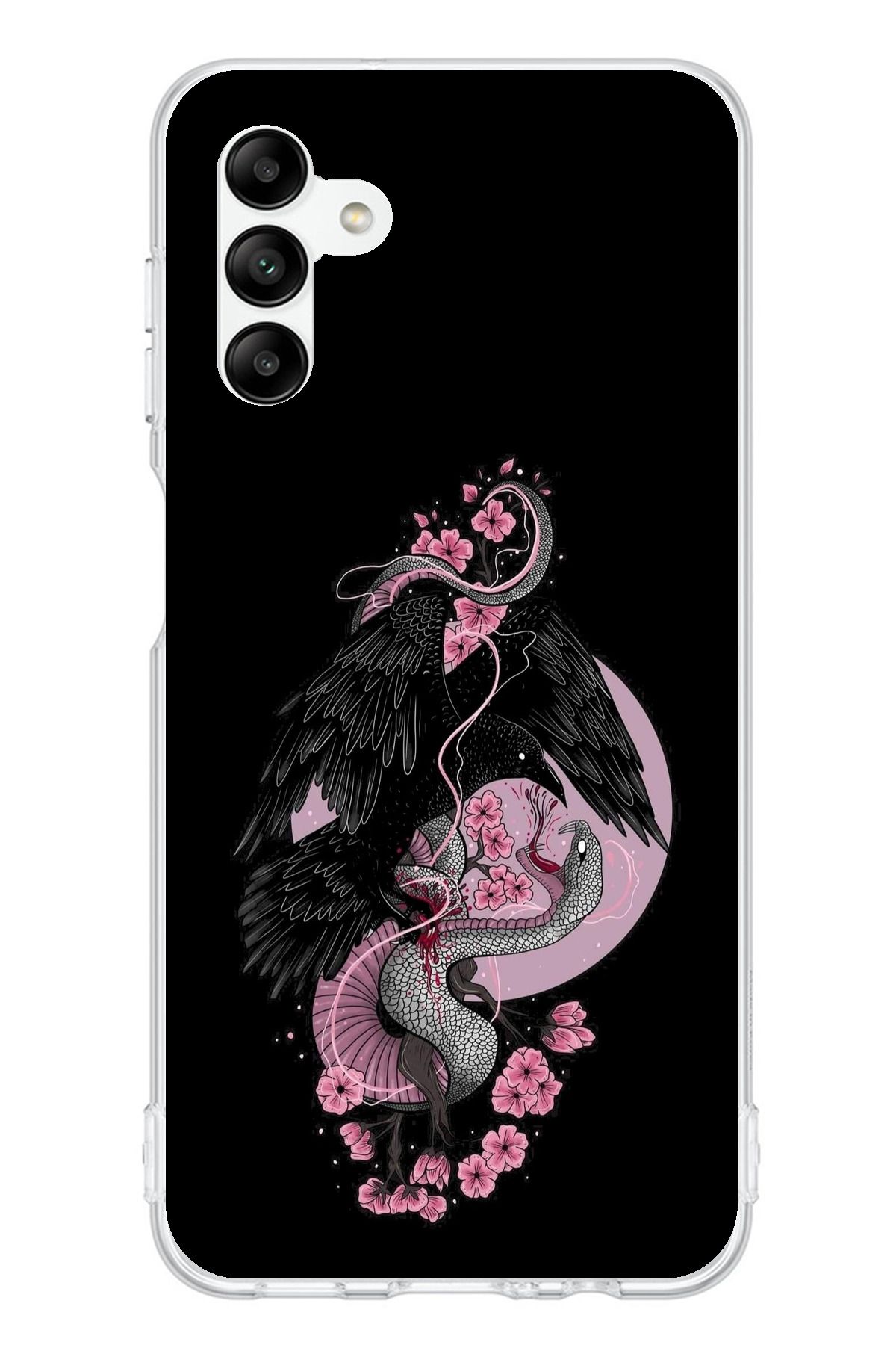 TechTree Samsung Galaxy A04s Uyumlu Pembe Siyah Yılan Şeffaf Silikon Kılıf
