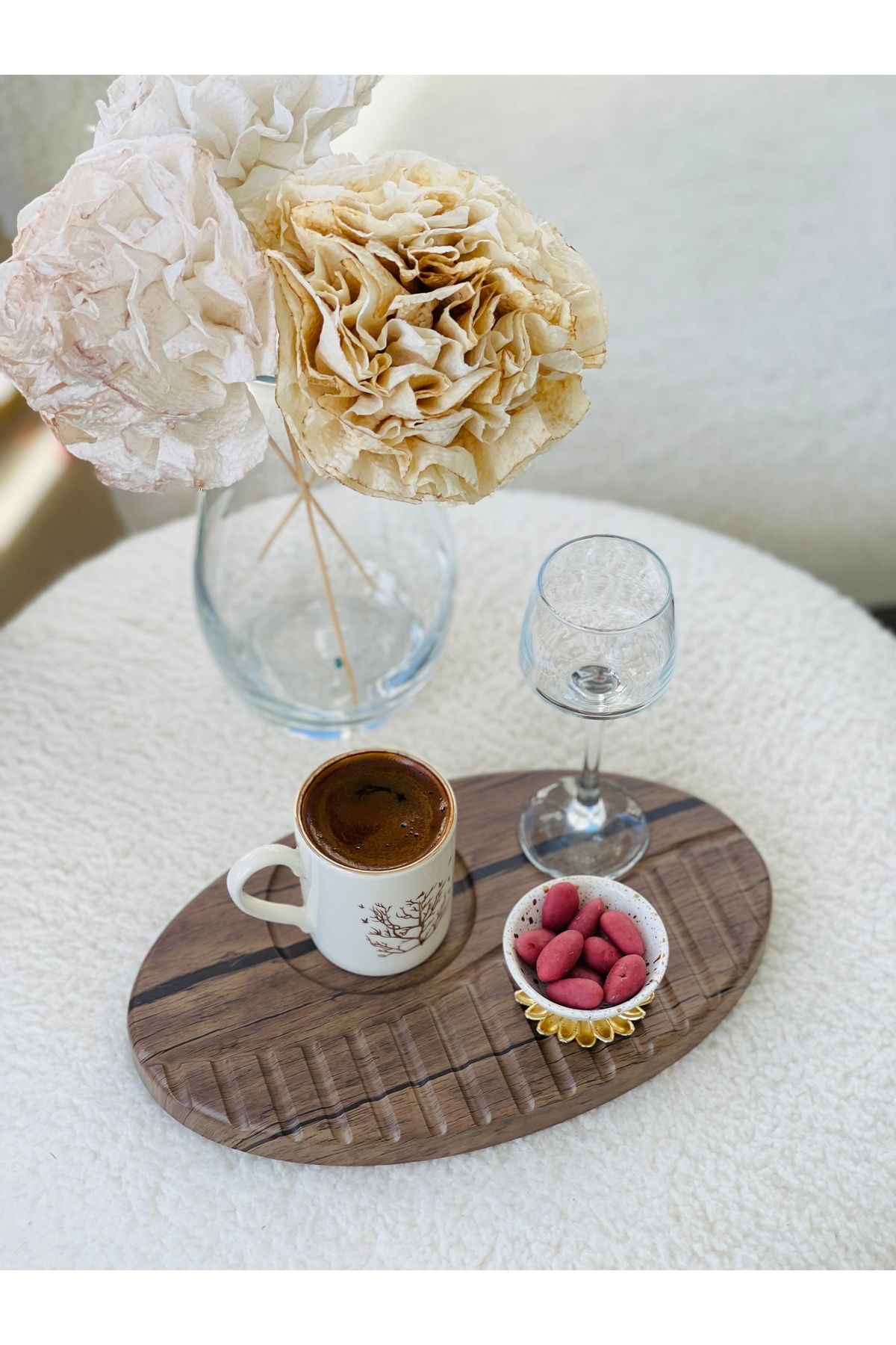 MajesteHome NaturaBean Kahve Tepsisi – Ceviz Desenli | 25x15 cm MDF tepsi kahve fincan dekoratif